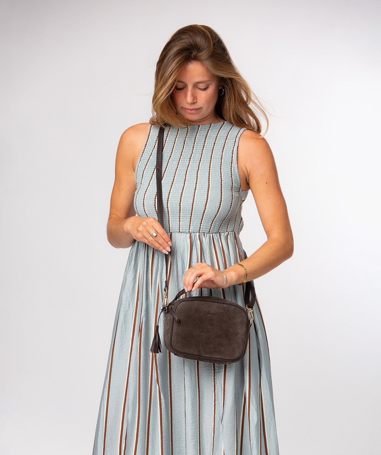 Pure Luxuries Fable Espresso suede crossbody bag front view
