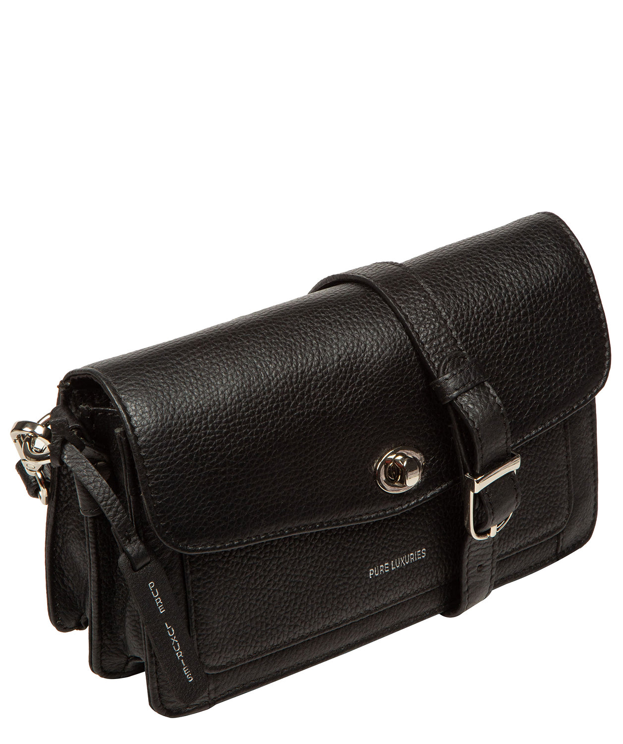 Side profile showing adjustable leather strap and hardware