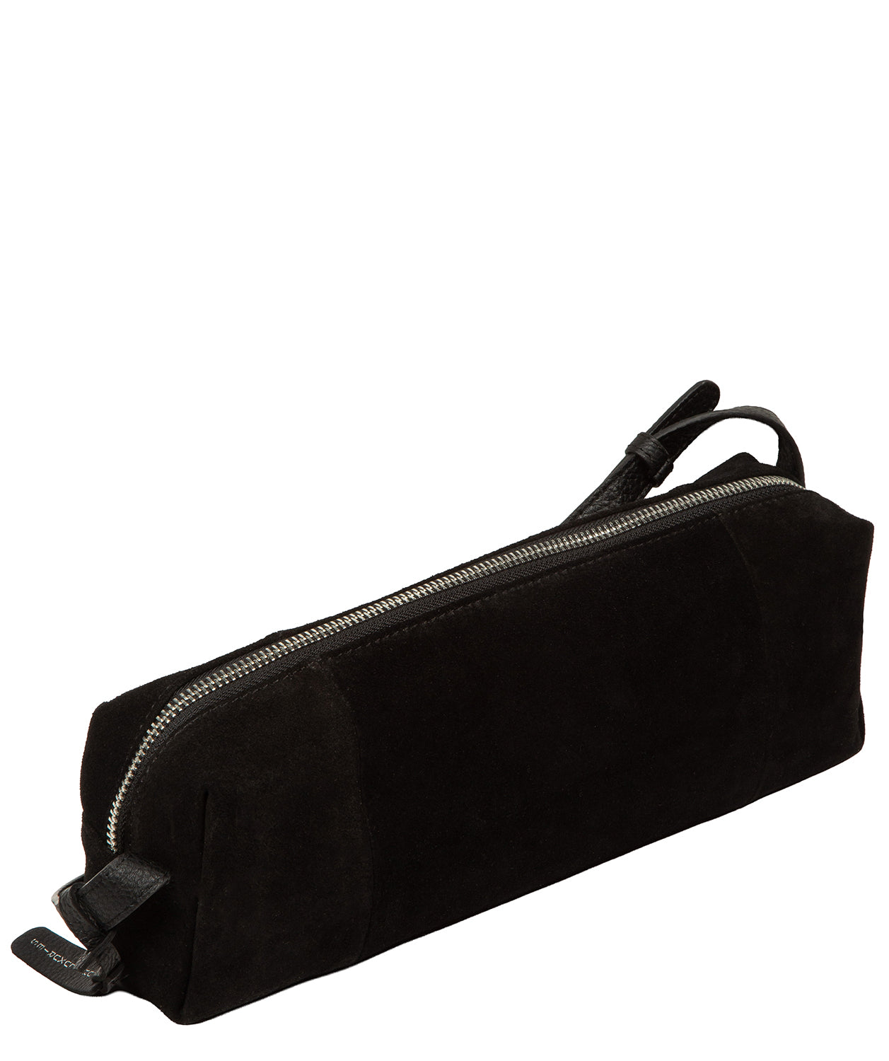 black suede bag showing zip-over top and silver hardware