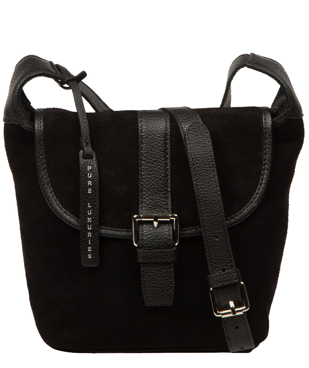 Pure Luxuries Aveline black suede crossbody bag front view