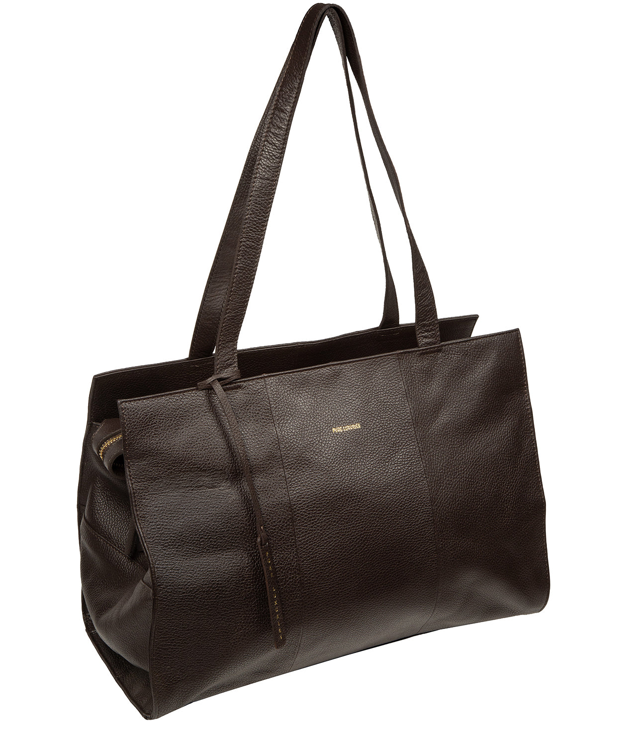 Full front view of espresso leather tote with shoulder drop