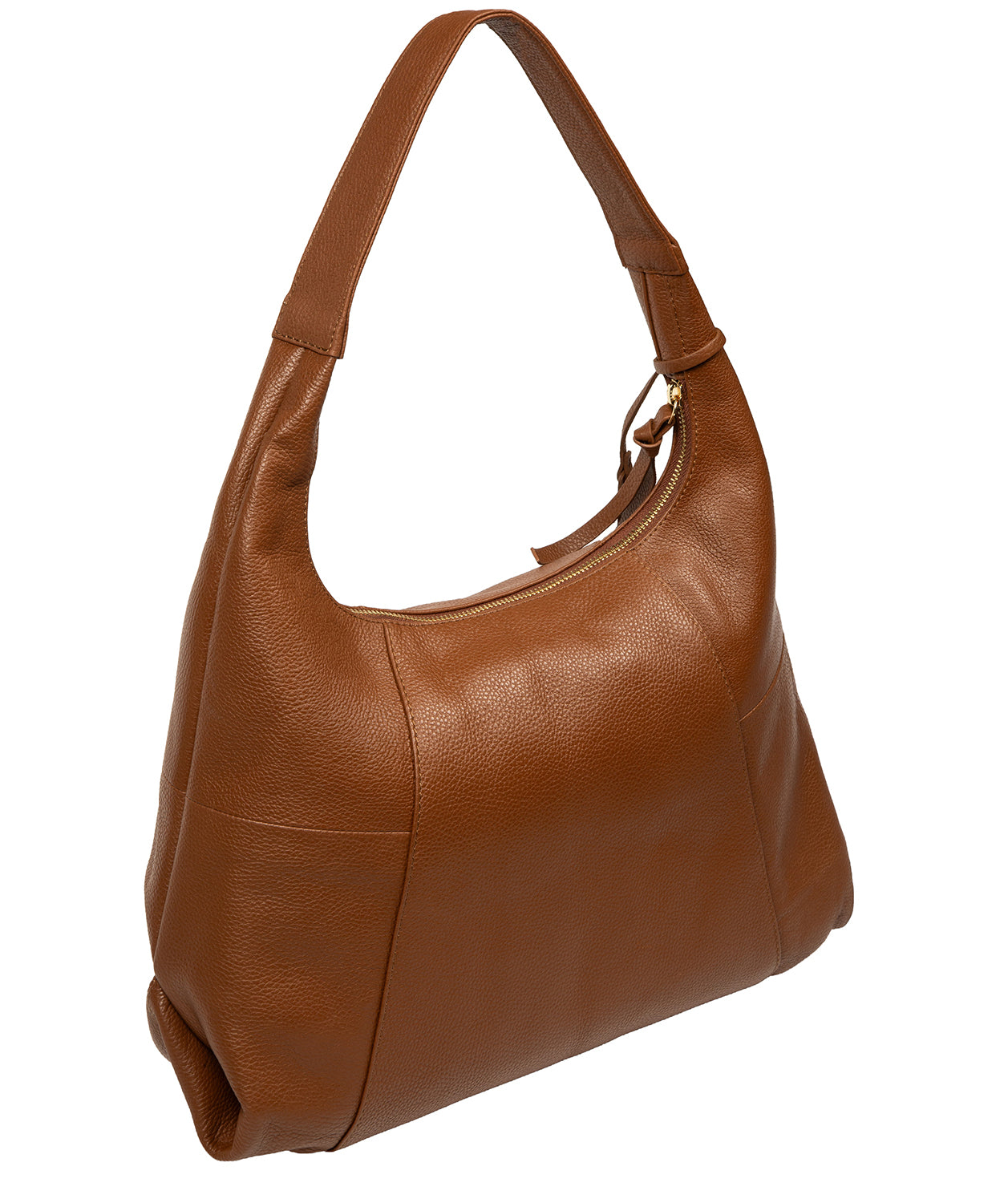 Tan leather bag side profile with leather shoulder strap