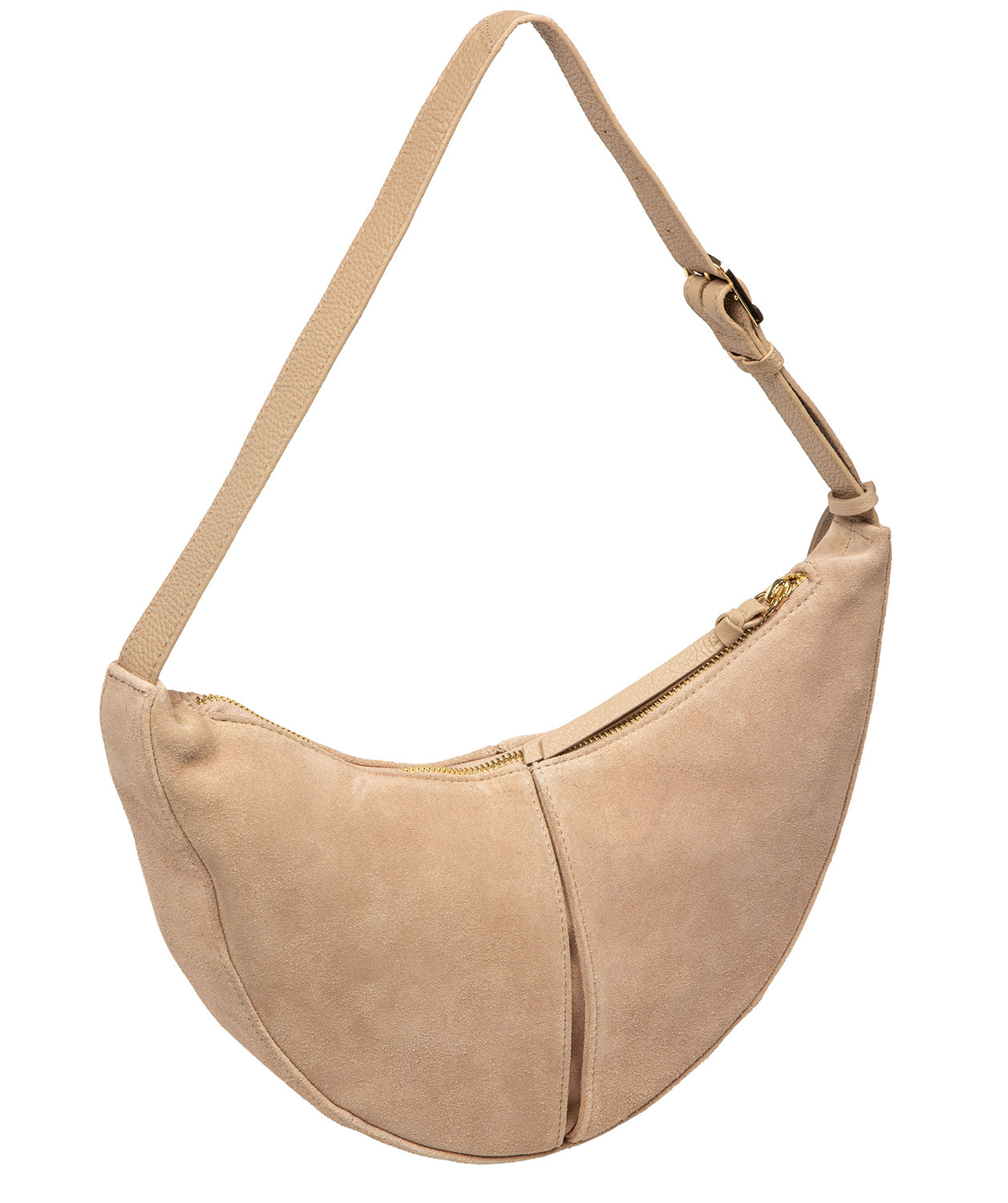 Latte suede texture and gold metal hardware detail