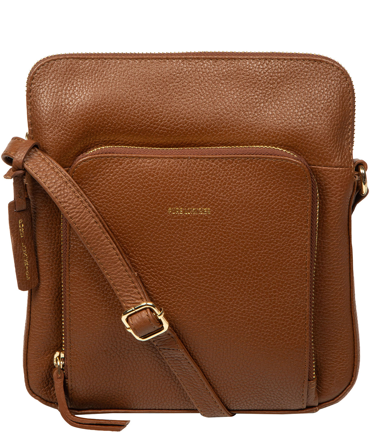 Pure Luxuries Aisling tan pebble grain leather crossbody bag front view