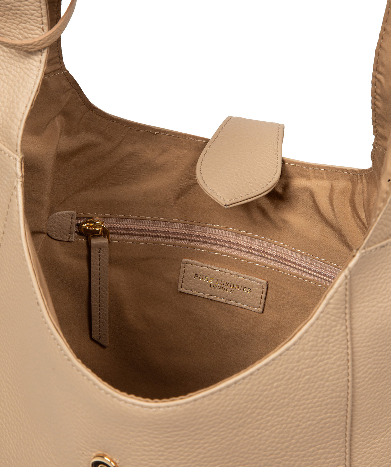 Interior lined compartment and zipped pocket detail