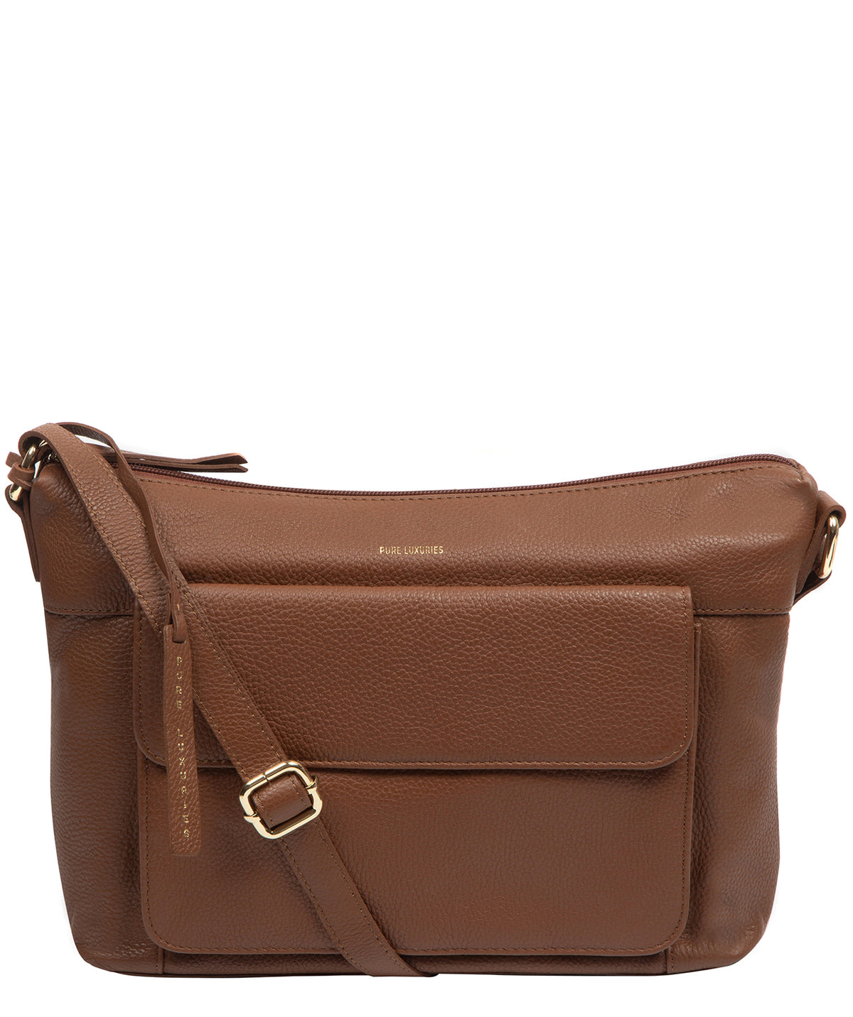 Pure Luxuries Moreno tan pebble grain leather crossbody bag front view