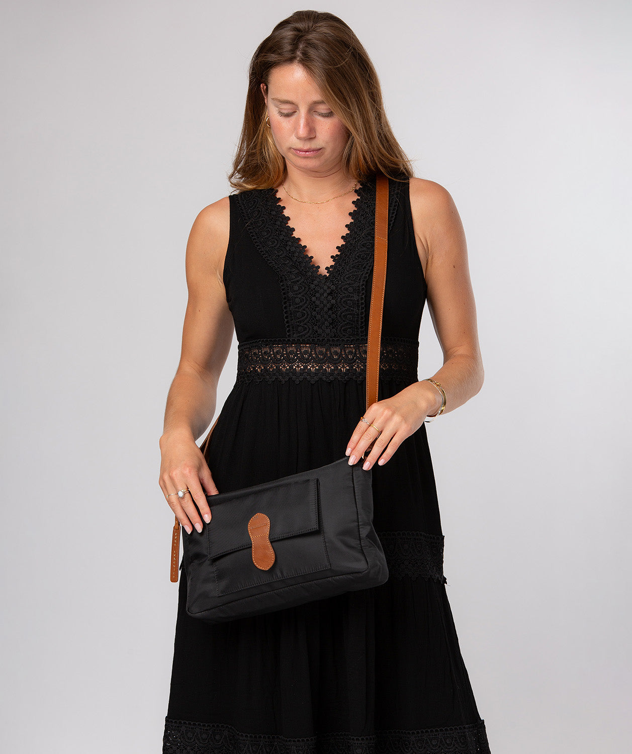 'Margaux' Black & Cognac Canvas & Leather Cross Body Bag