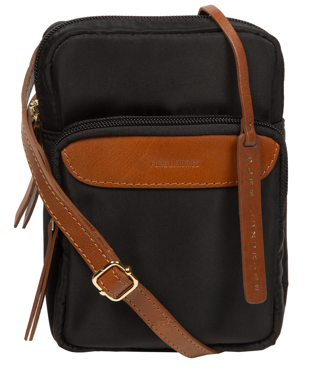 'Delphine' Black & Cognac Canvas & Leather Cross Body Phone Bag