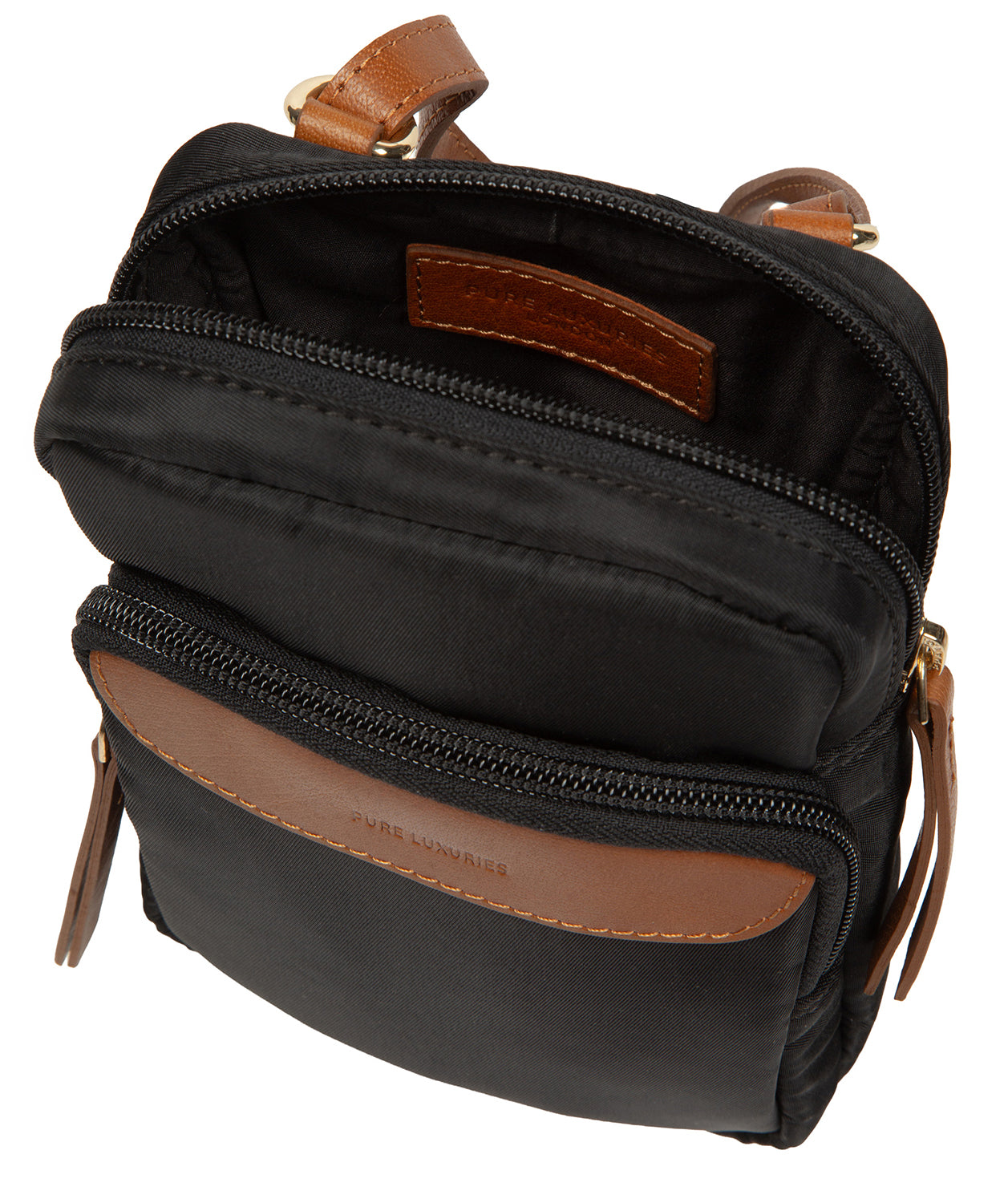 'Delphine' Black & Cognac Canvas & Leather Cross Body Phone Bag