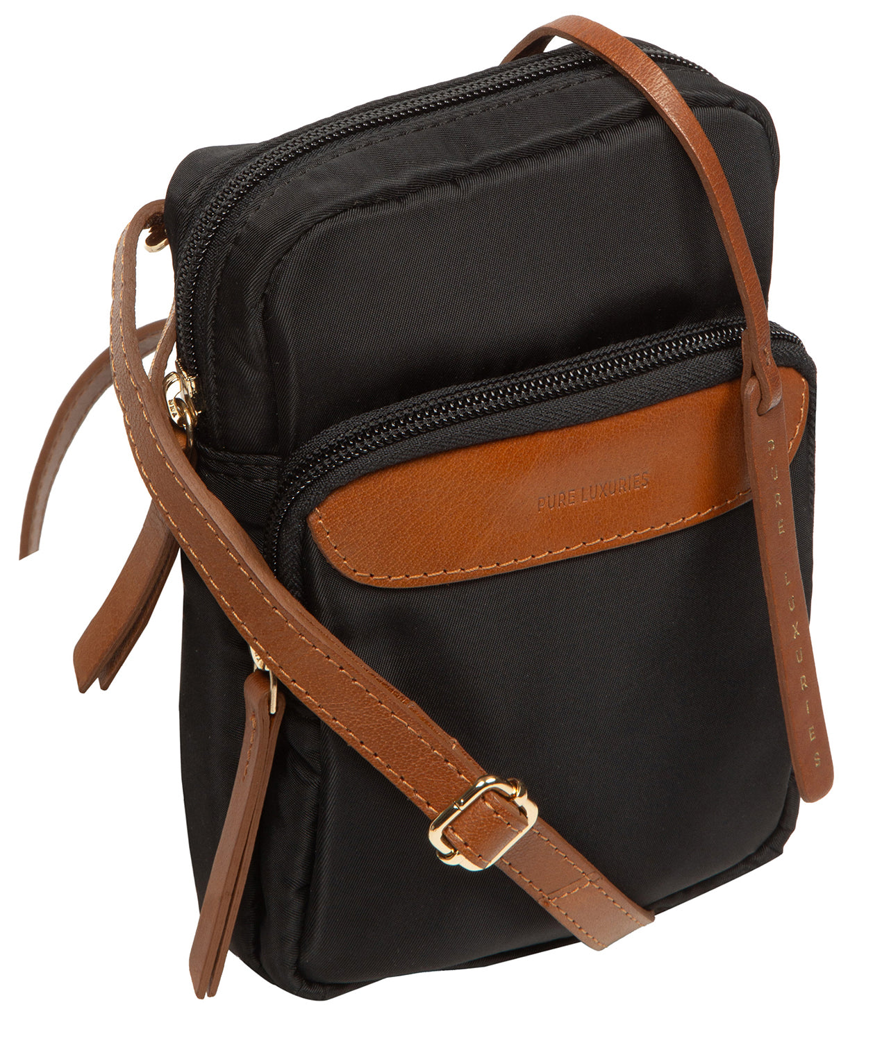 'Delphine' Black & Cognac Canvas & Leather Cross Body Phone Bag