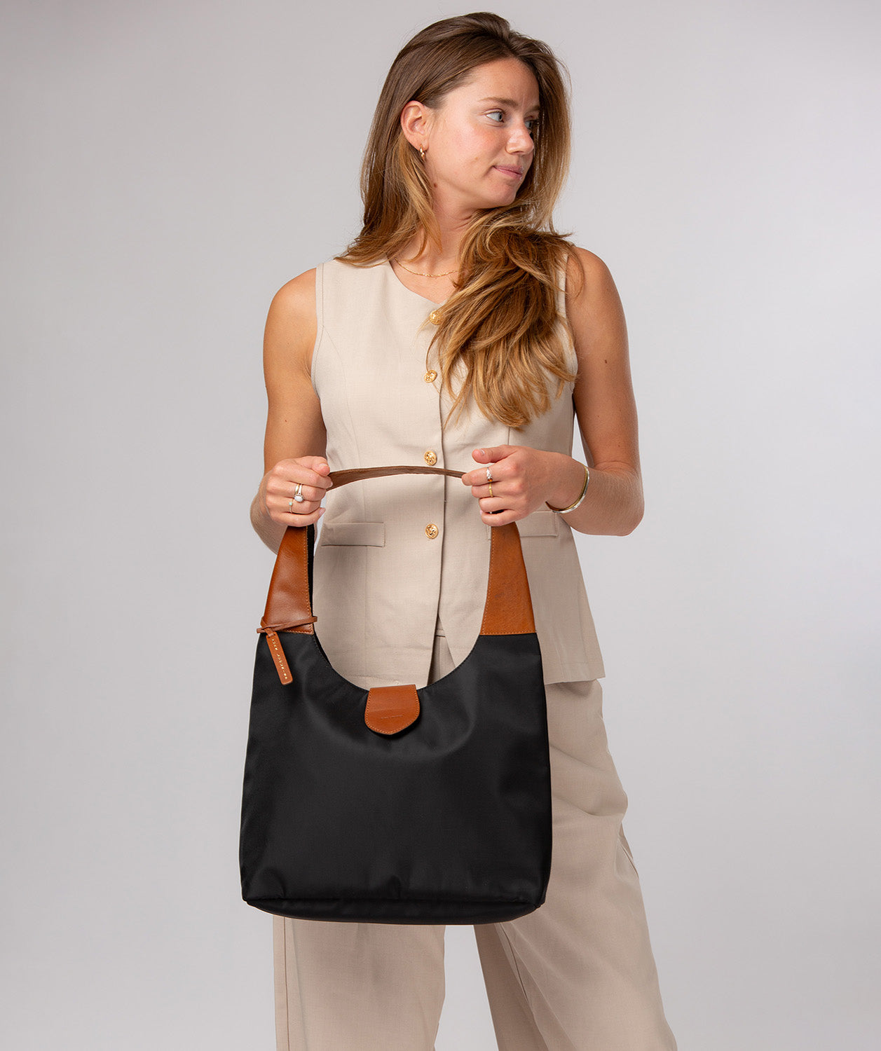 'Francine' Black & Cognac Canvas & Leather Shoulder Bag
