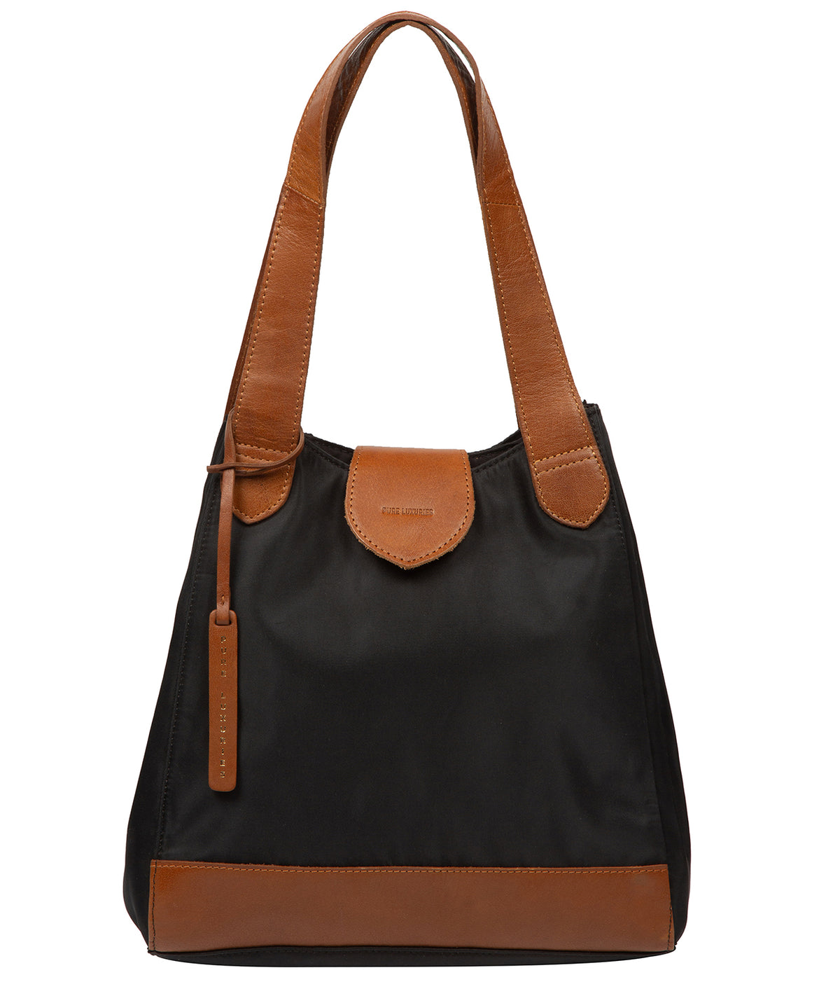 Pure Luxuries Antoinette black and cognac canvas leather handbag front view