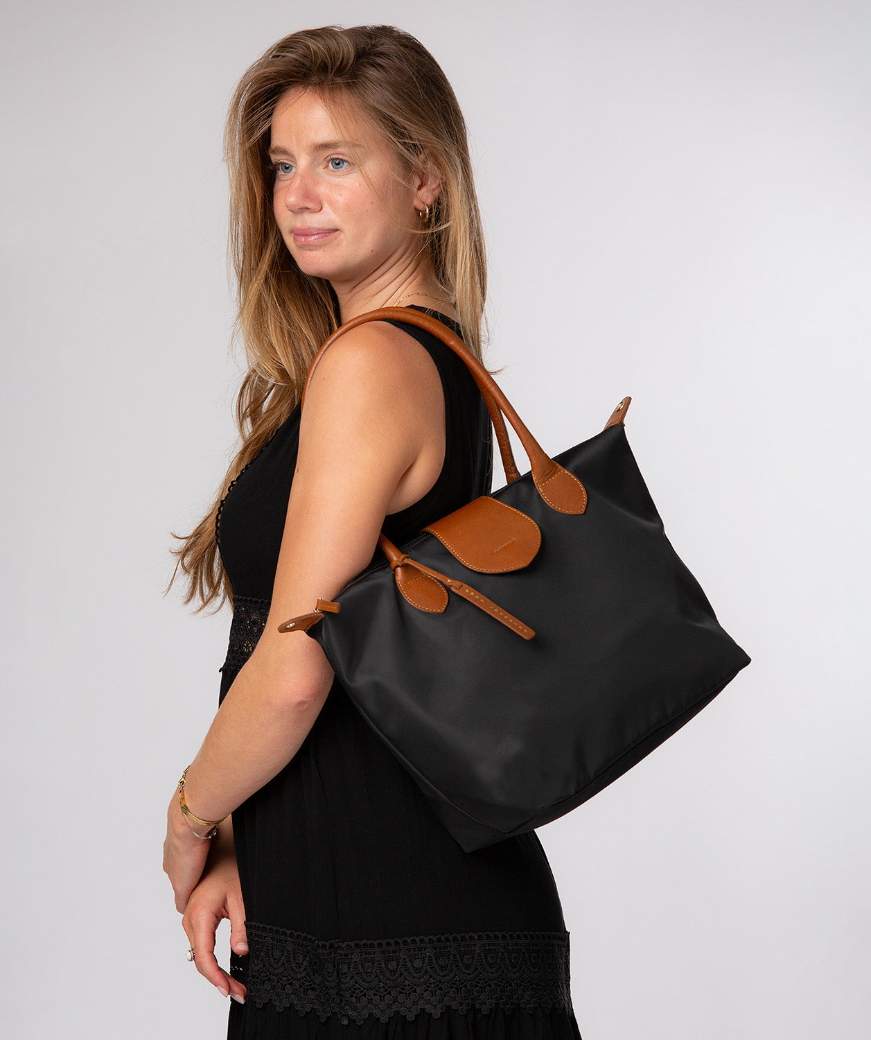'Josette' Black & Cognac Canvas & Leather Tote Bag