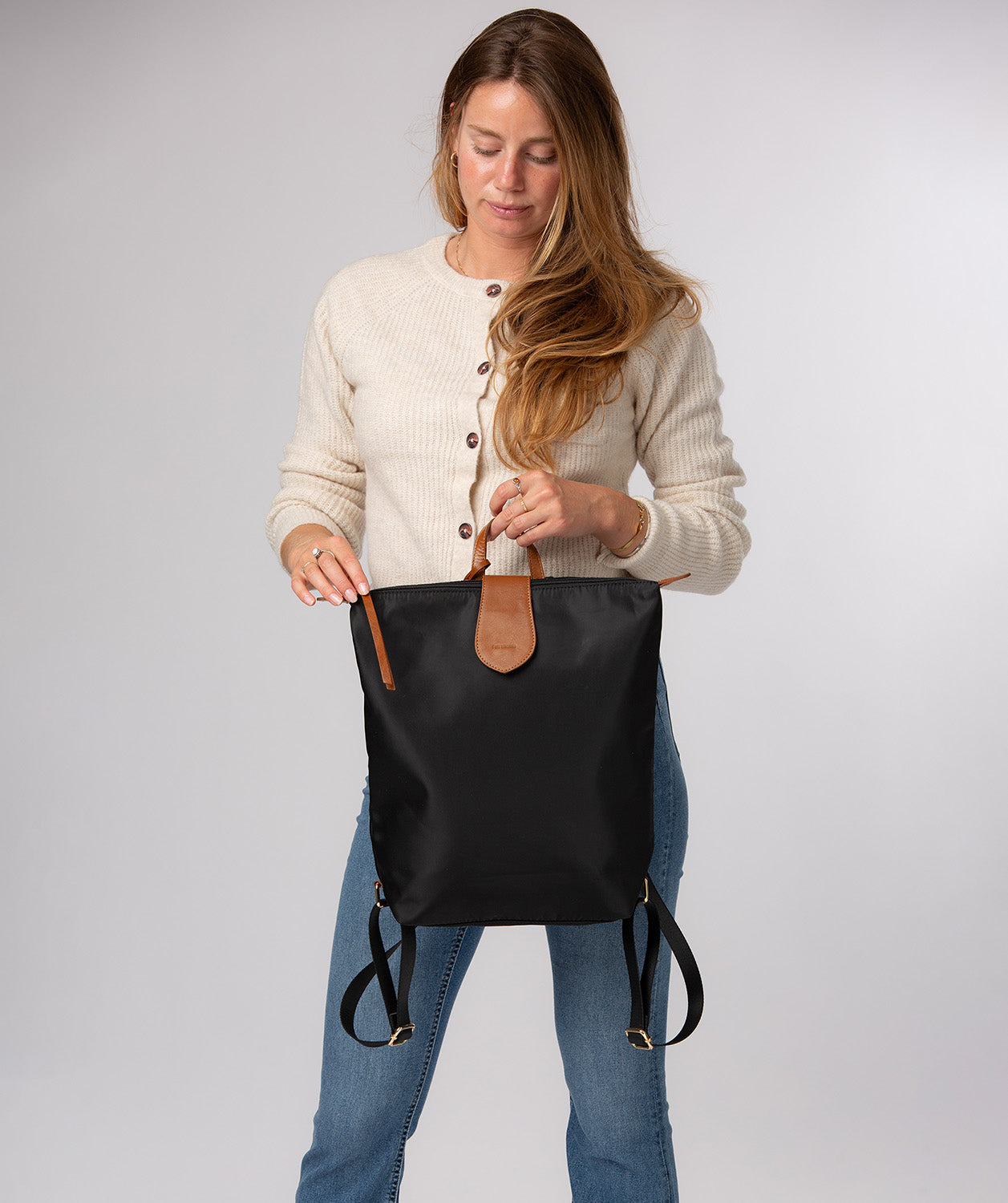 'Louison' Black & Cognac Canvas & Leather Backpack