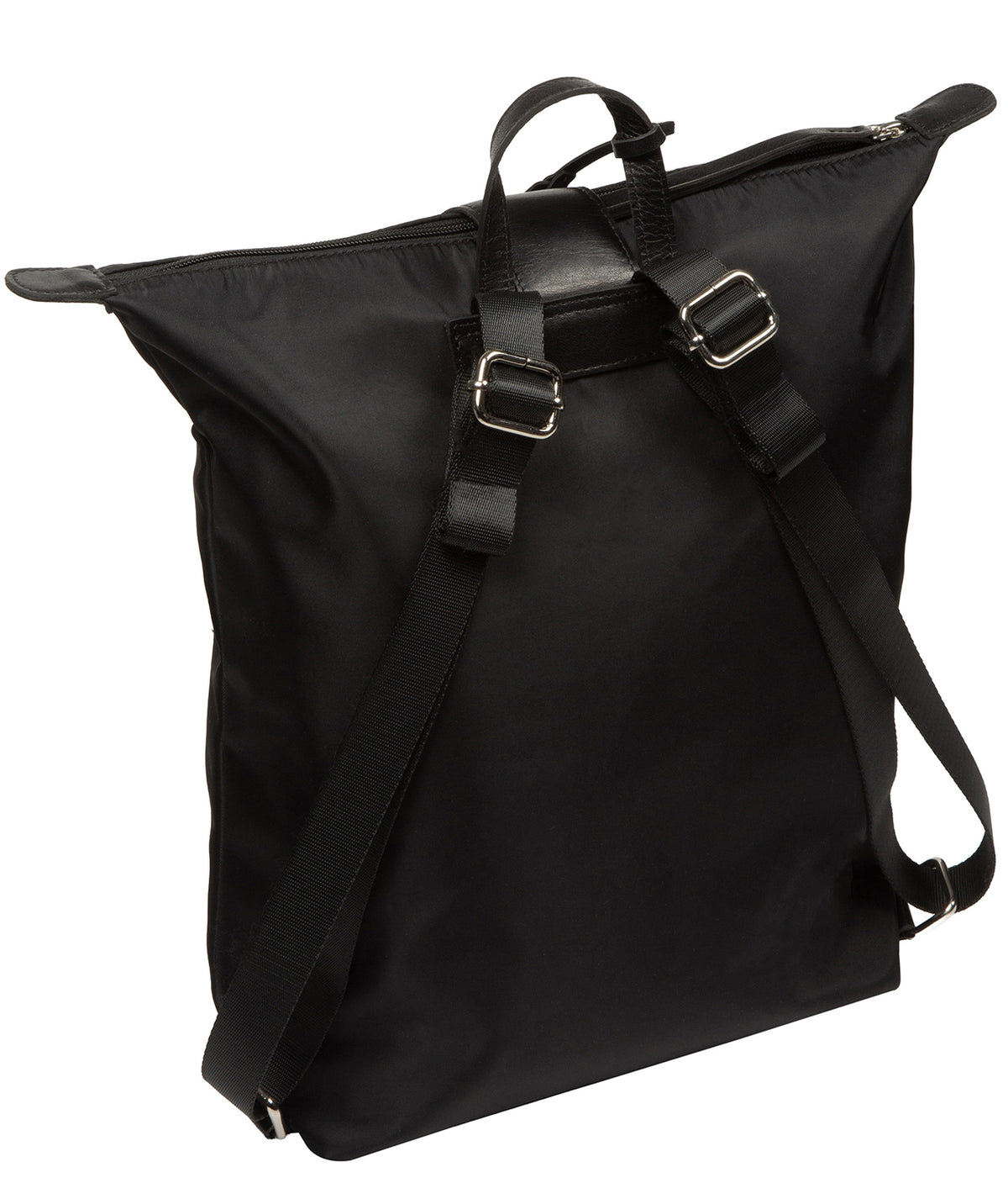 Zip-over top and press-stud fold-over tag closure detail