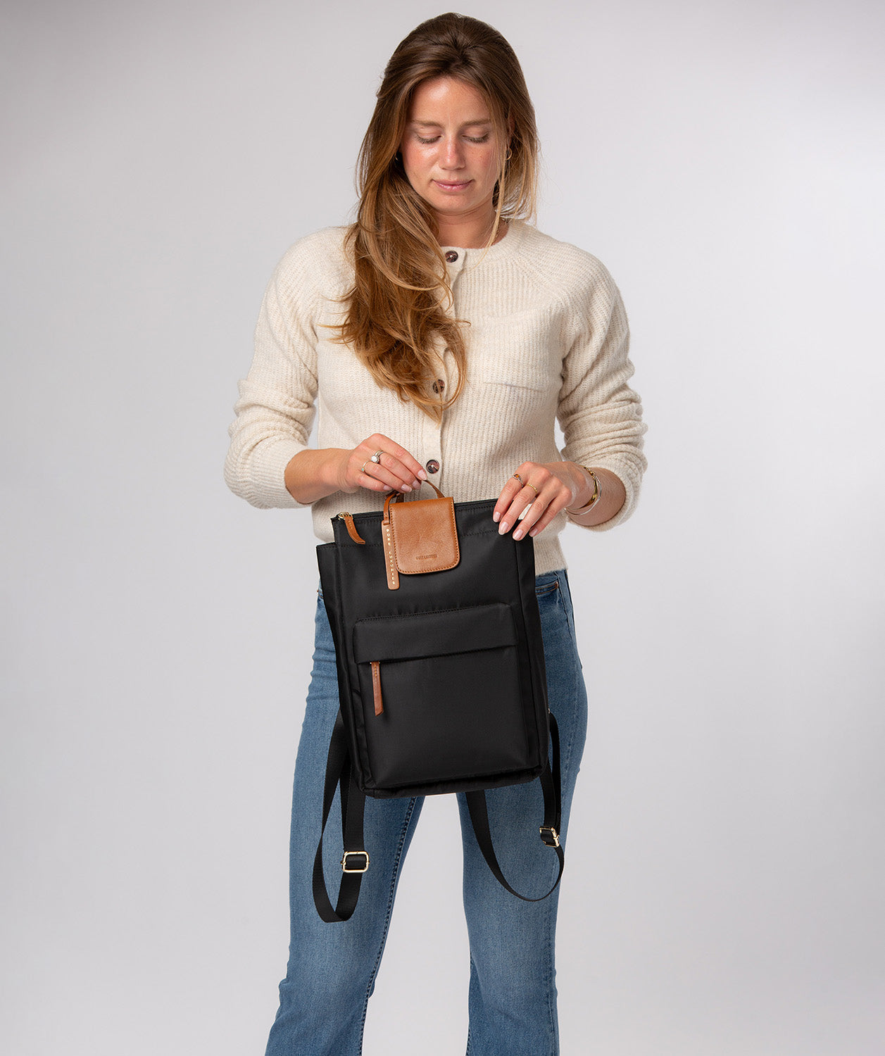 'Fabienne' Black & Cognac Canvas & Leather Backpack