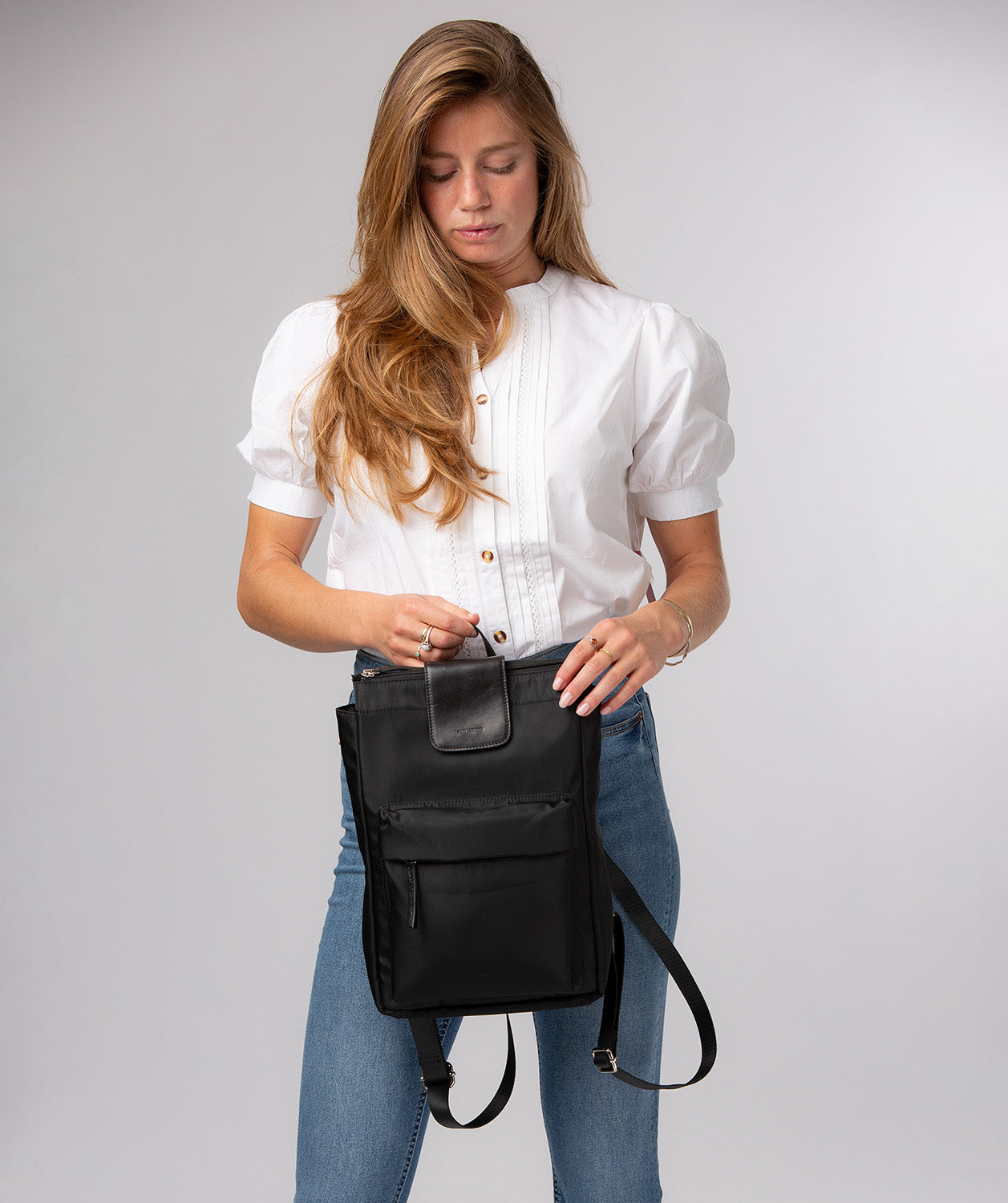 Pure Luxuries Fabienne black canvas and leather backpack front view