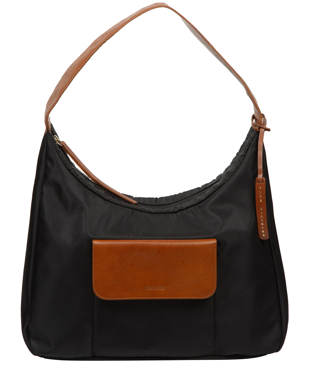 Pure Luxuries Mireille canvas and leather shoulder bag black and cognac front view
