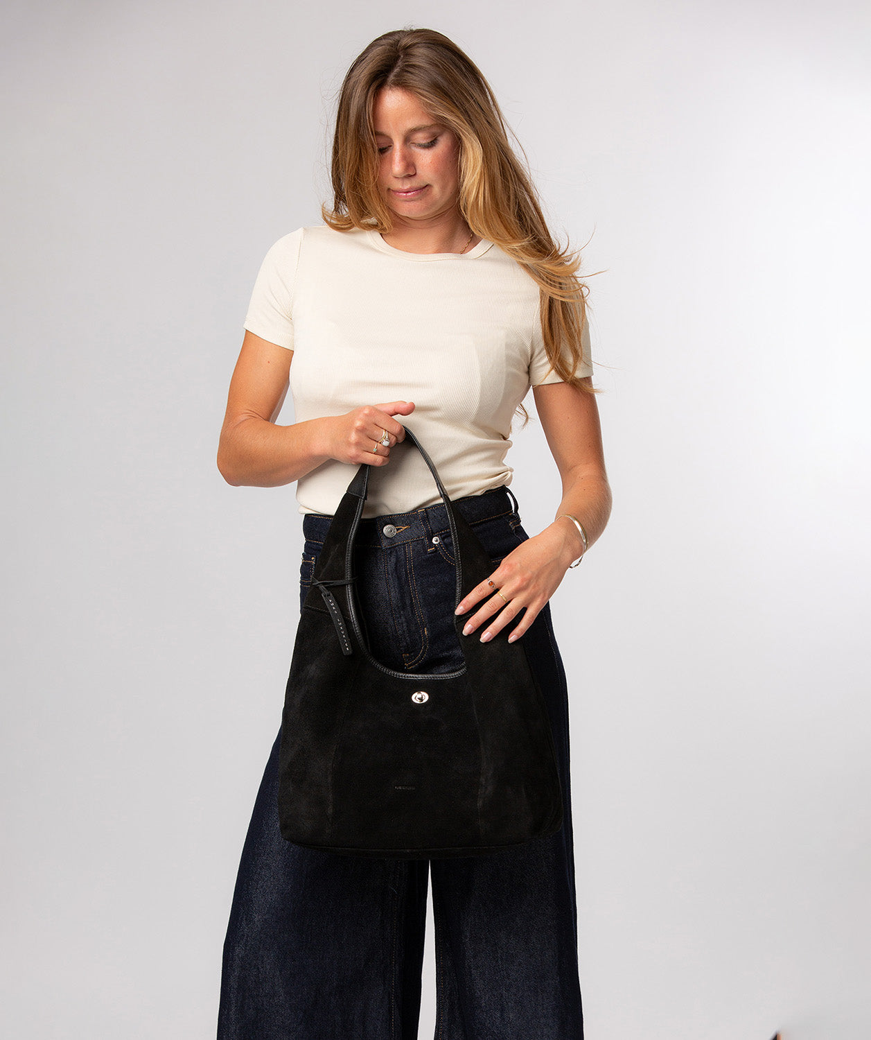 Polly black suede bag full length with strap drop
