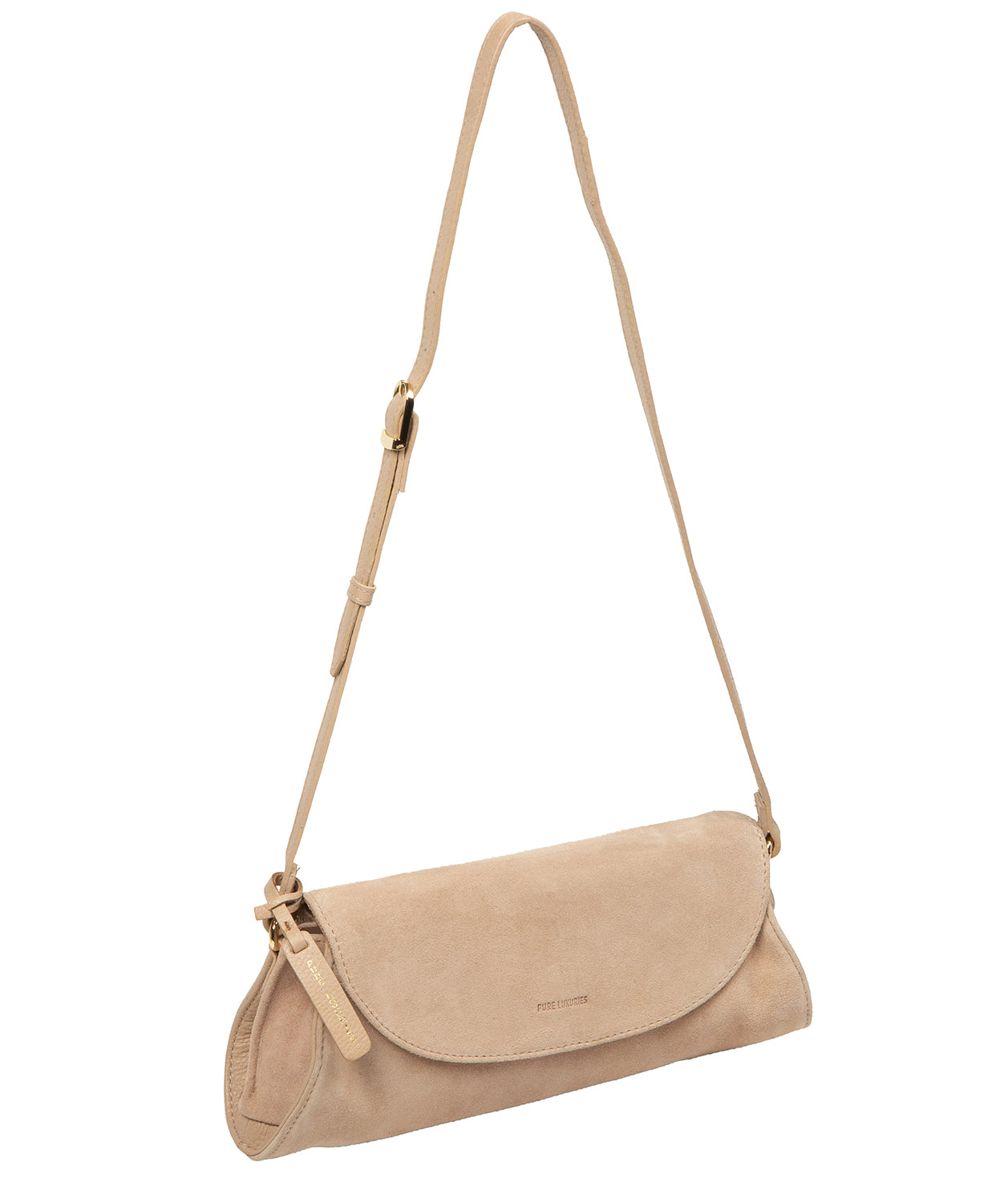 Close-up of adjustable leather shoulder strap and gold-coloured metal fittings