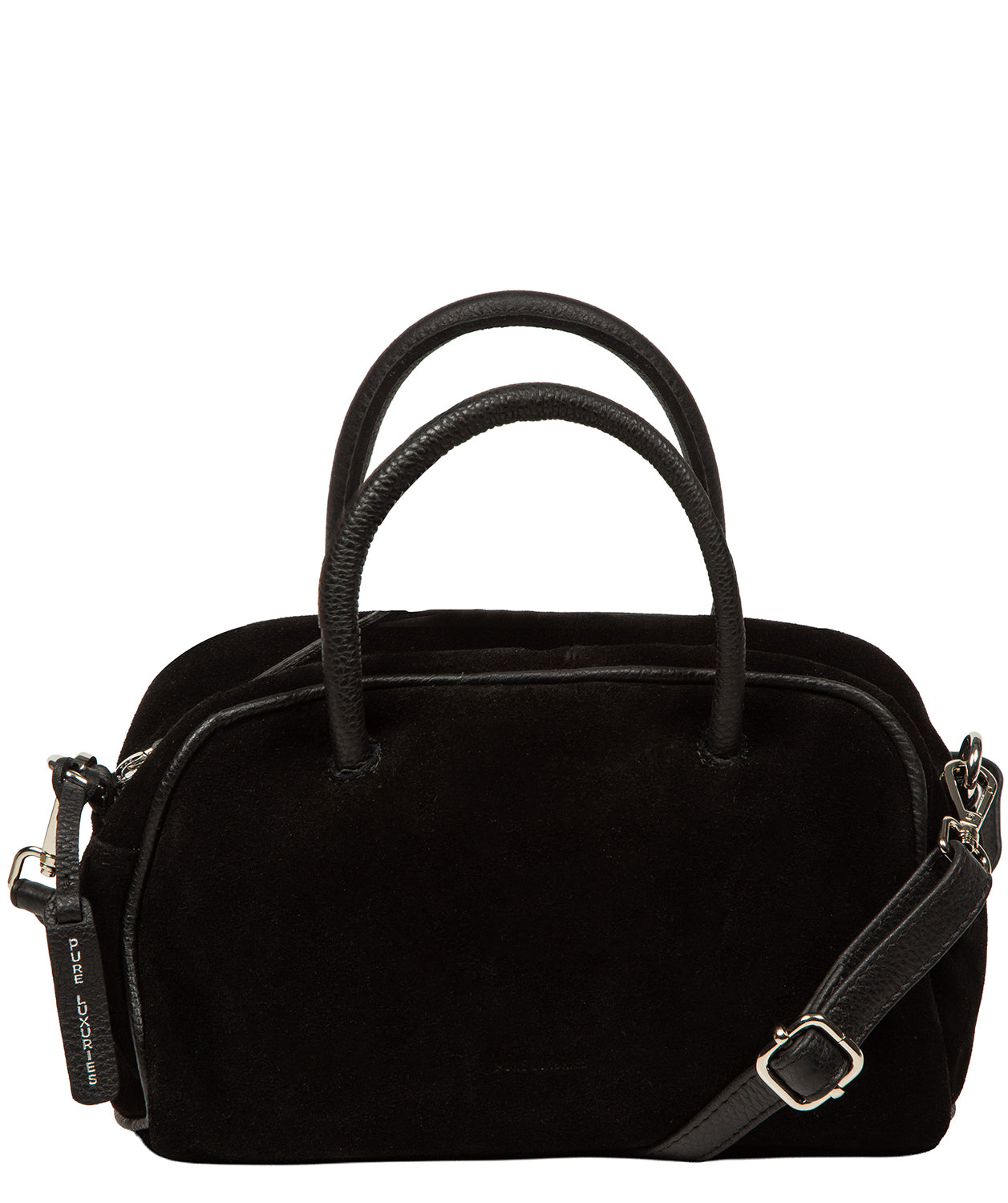 Pure Luxuries black suede Faith mini evening crossbody bag front view