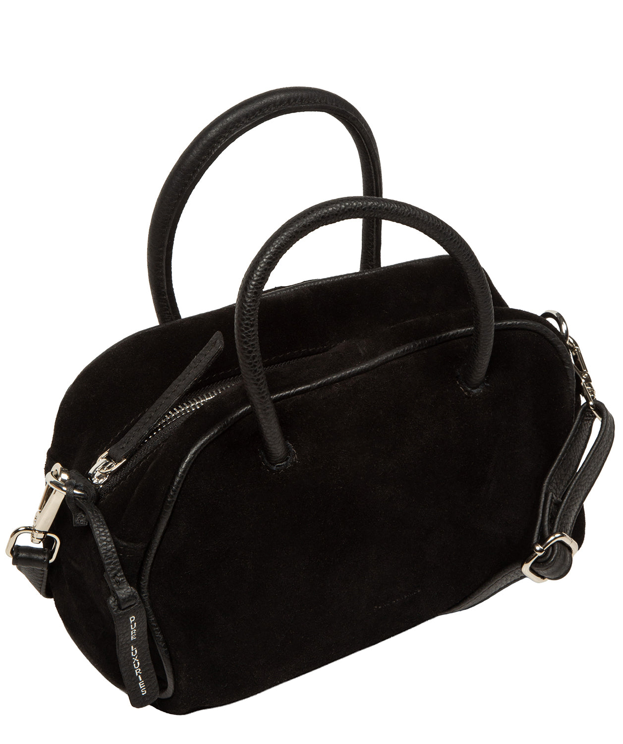 Compact black suede crossbody bag flat lay showing dimensions
