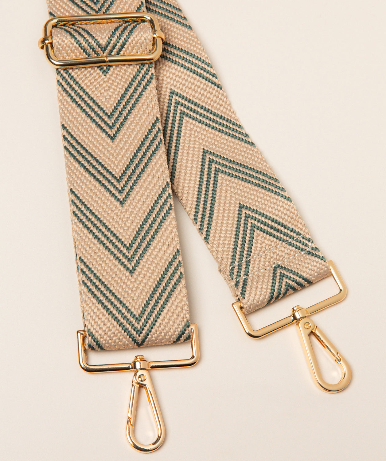 Pure Luxuries canvas chevron bag strap forest green and cream with gold hardware