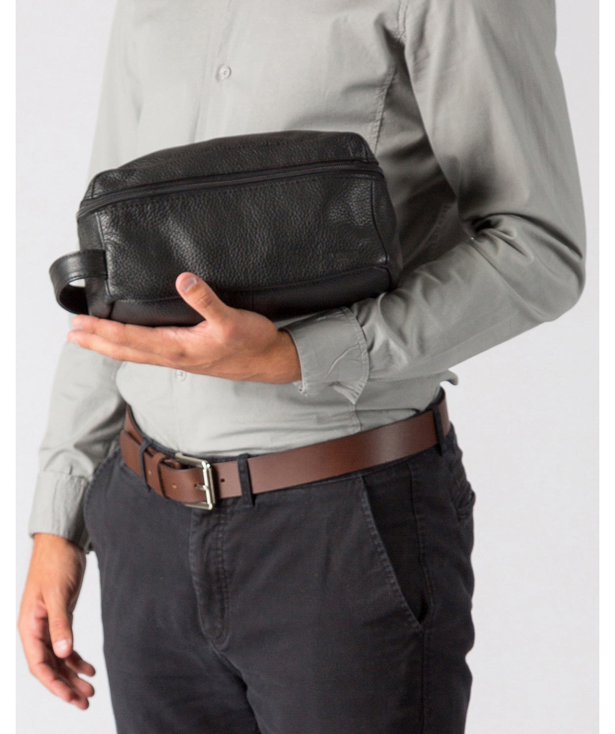 'Flip' Black Natural Leather Wash Bag Pure Luxuries London