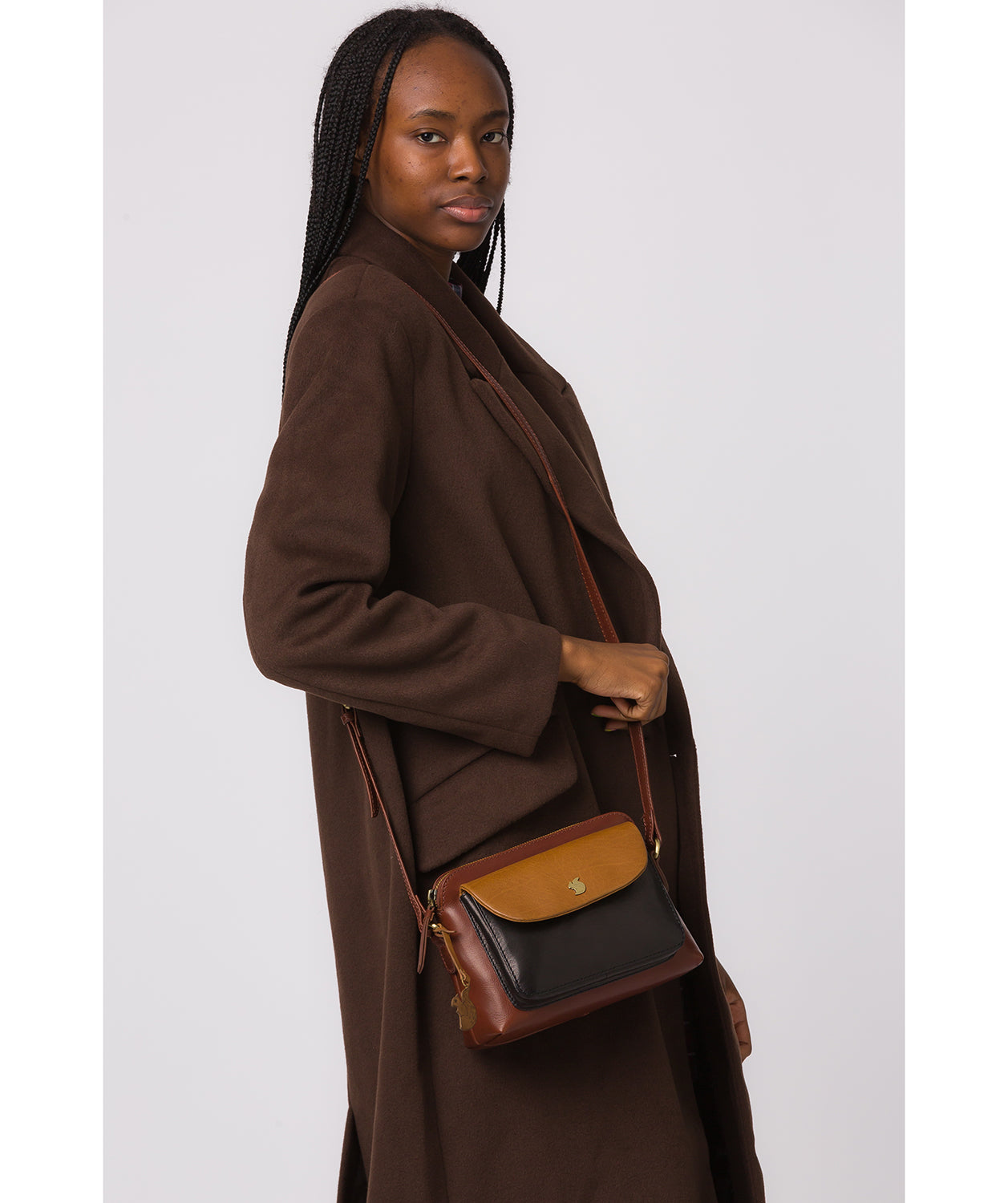 'Dainty' Conker Brown, Black & Dark Tan Leather Cross Body Bag