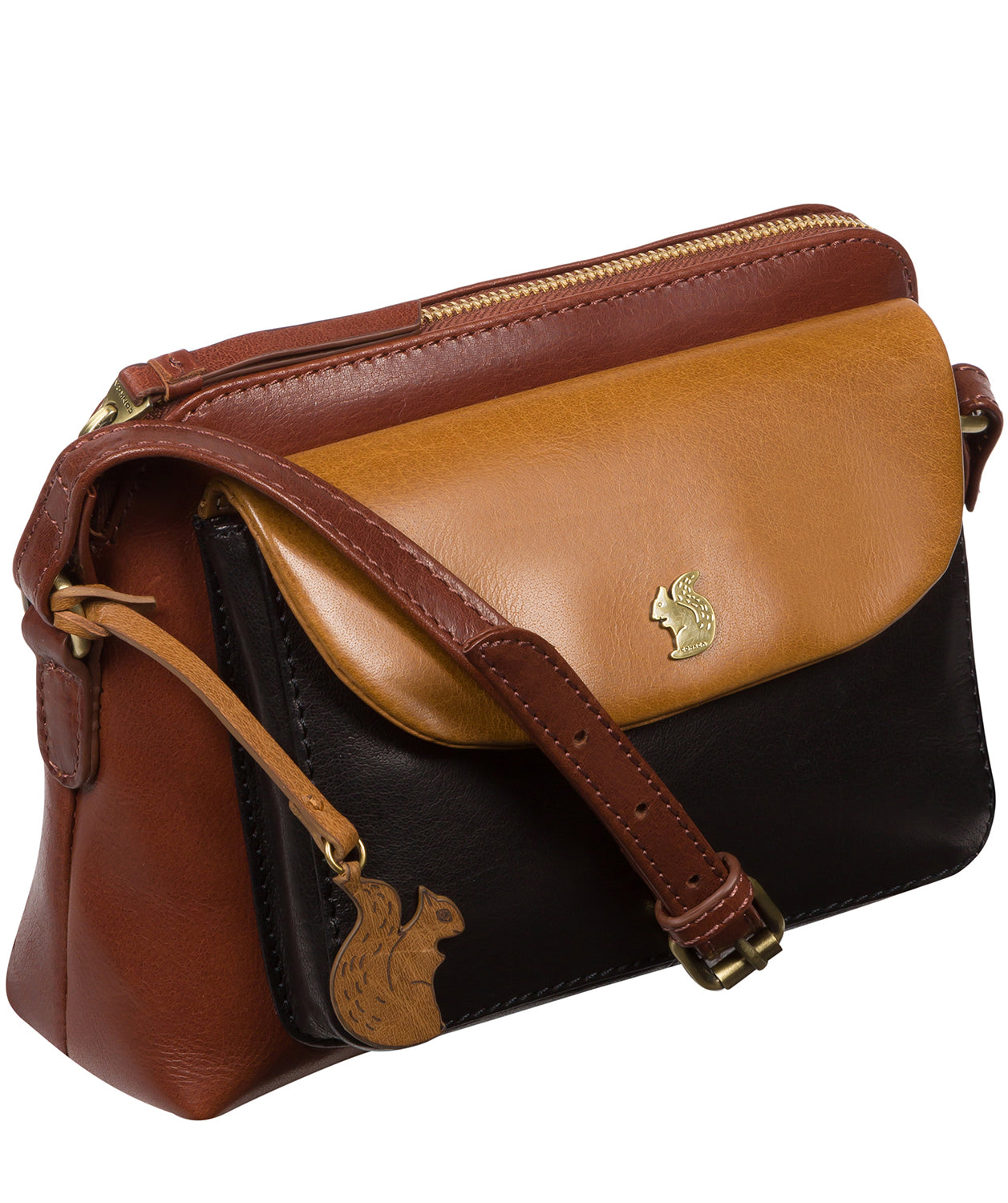 'Dainty' Conker Brown, Black & Dark Tan Leather Cross Body Bag