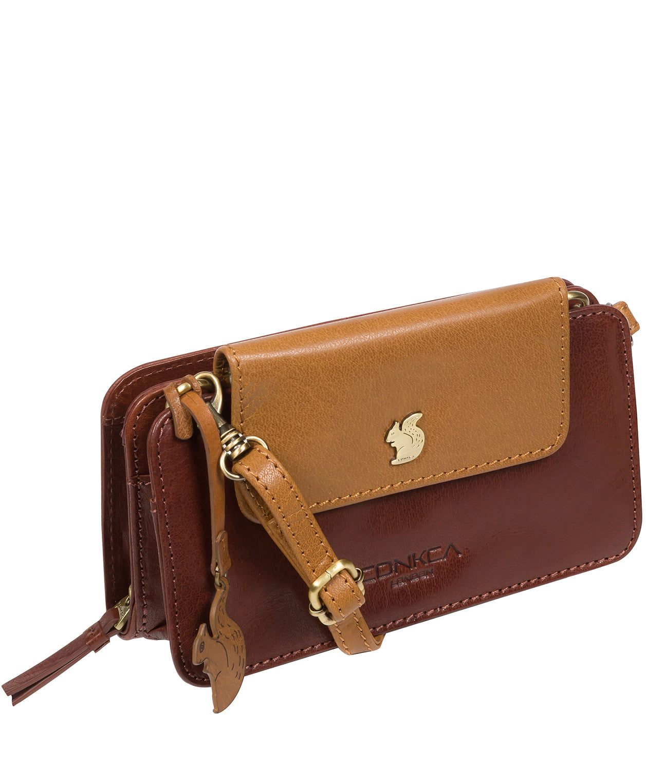 'Little Wonder' Conker Brown & Dark Tan Leather Cross Body Clutch Bag