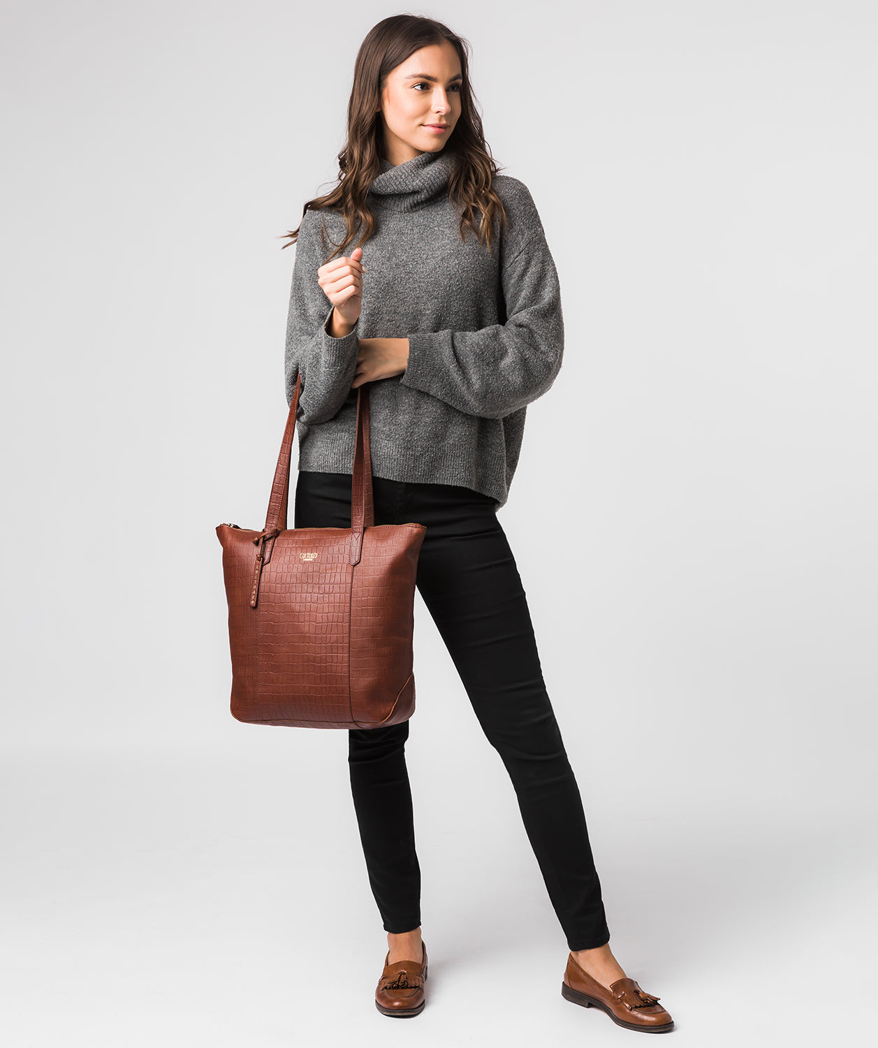 'Havering' Chestnut Croc Leather Tote Bag