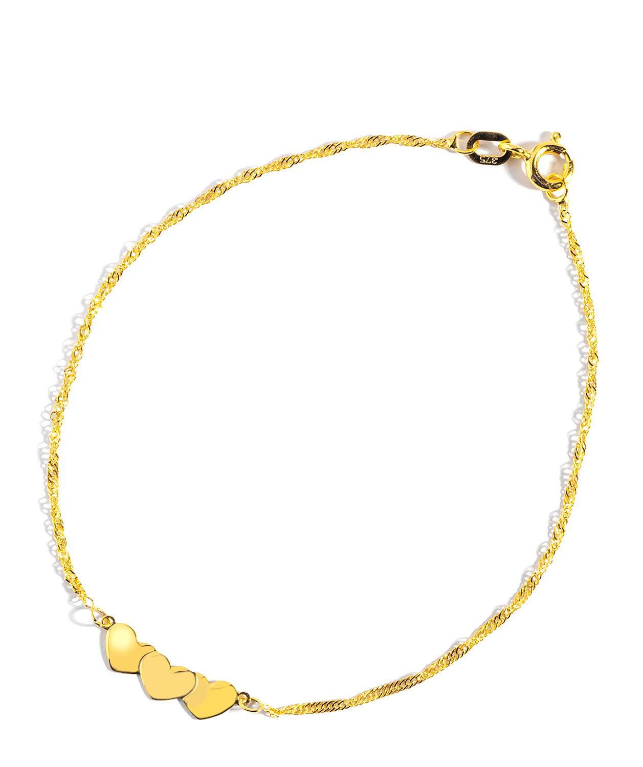Gift Packaged 'Tulle' 9ct Yellow Gold Trio of Hearts Twist Curb Bracelet