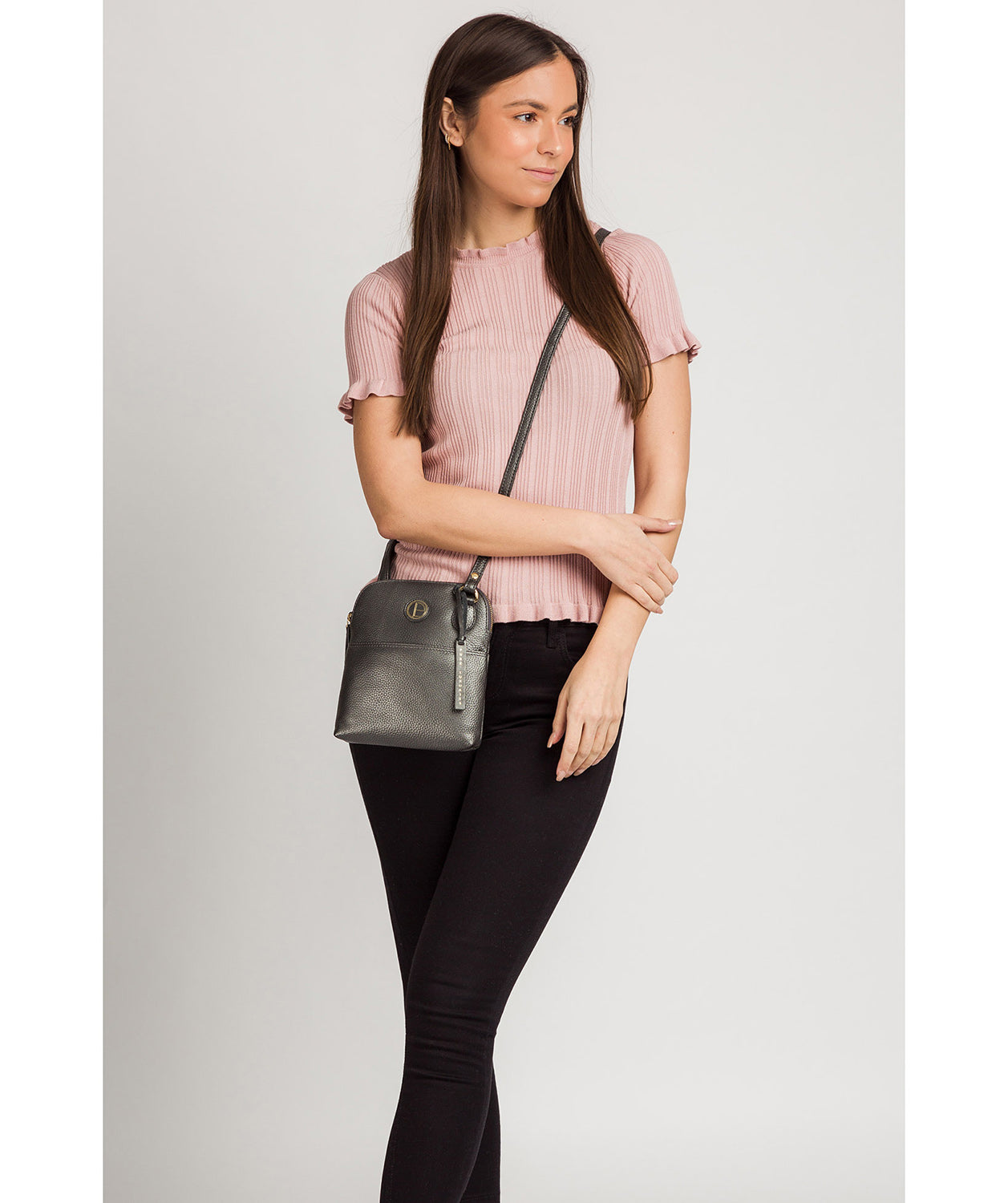 'Orsola' Metallic Dark Silver Leather Cross Body Bag Pure Luxuries London