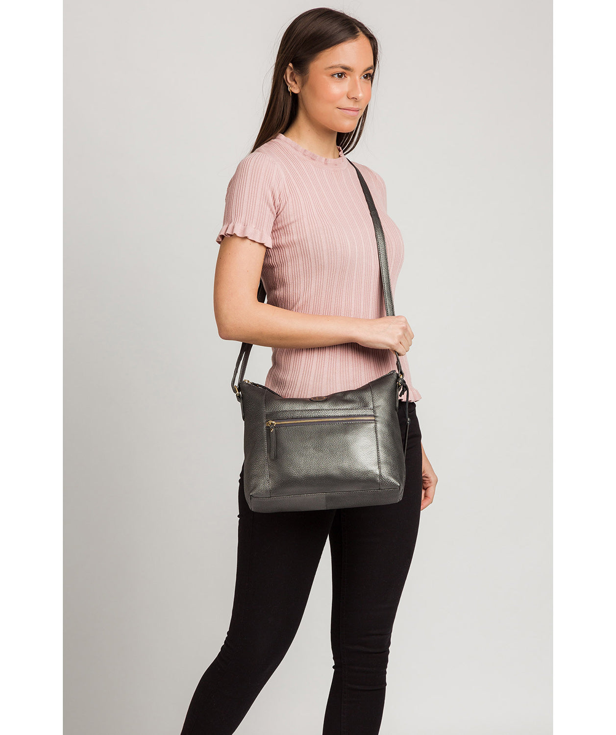 'Sequoia' Metallic Dark Silver Leather Shoulder Bag image 2