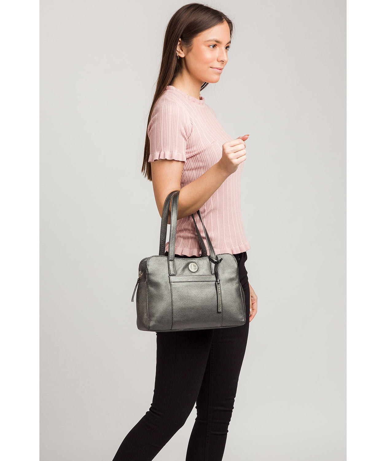 'Henna' Metallic Dark Silver Leather Handbag image 2