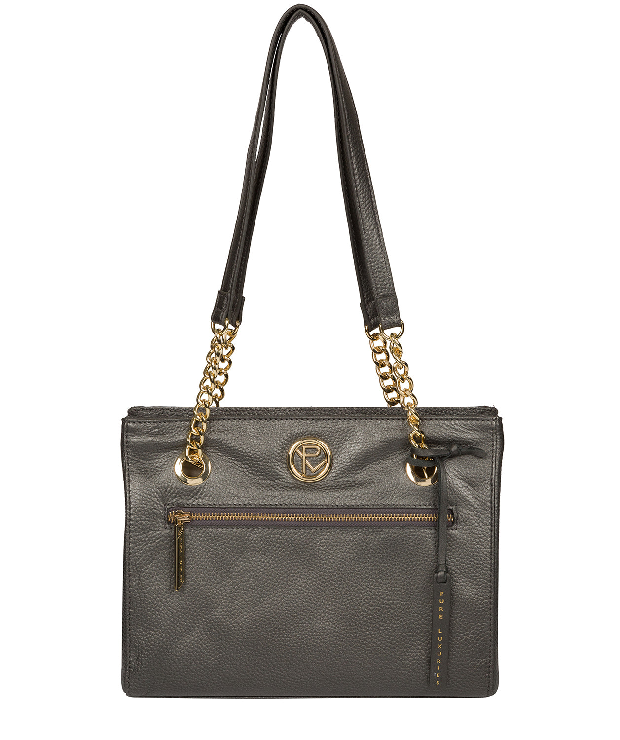 'Nannette' Metallic Dark Silver Leather Shoulder Bag Pure Luxuries London