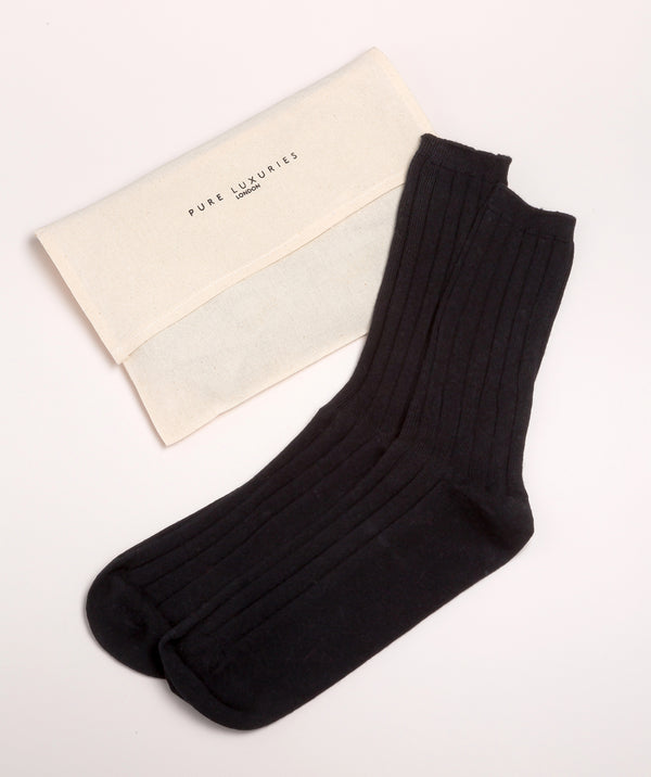 'Dalton' Black Large Cashmere and Merino Wool Ribbed Socks
