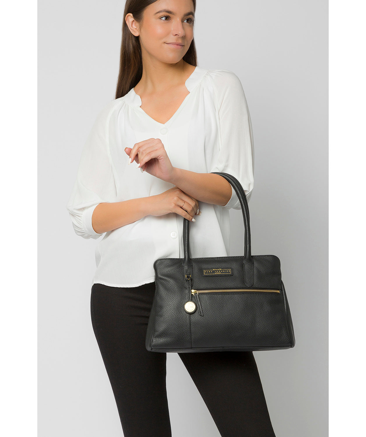 'Regent' Black & Gold Leather Handbag Pure Luxuries London