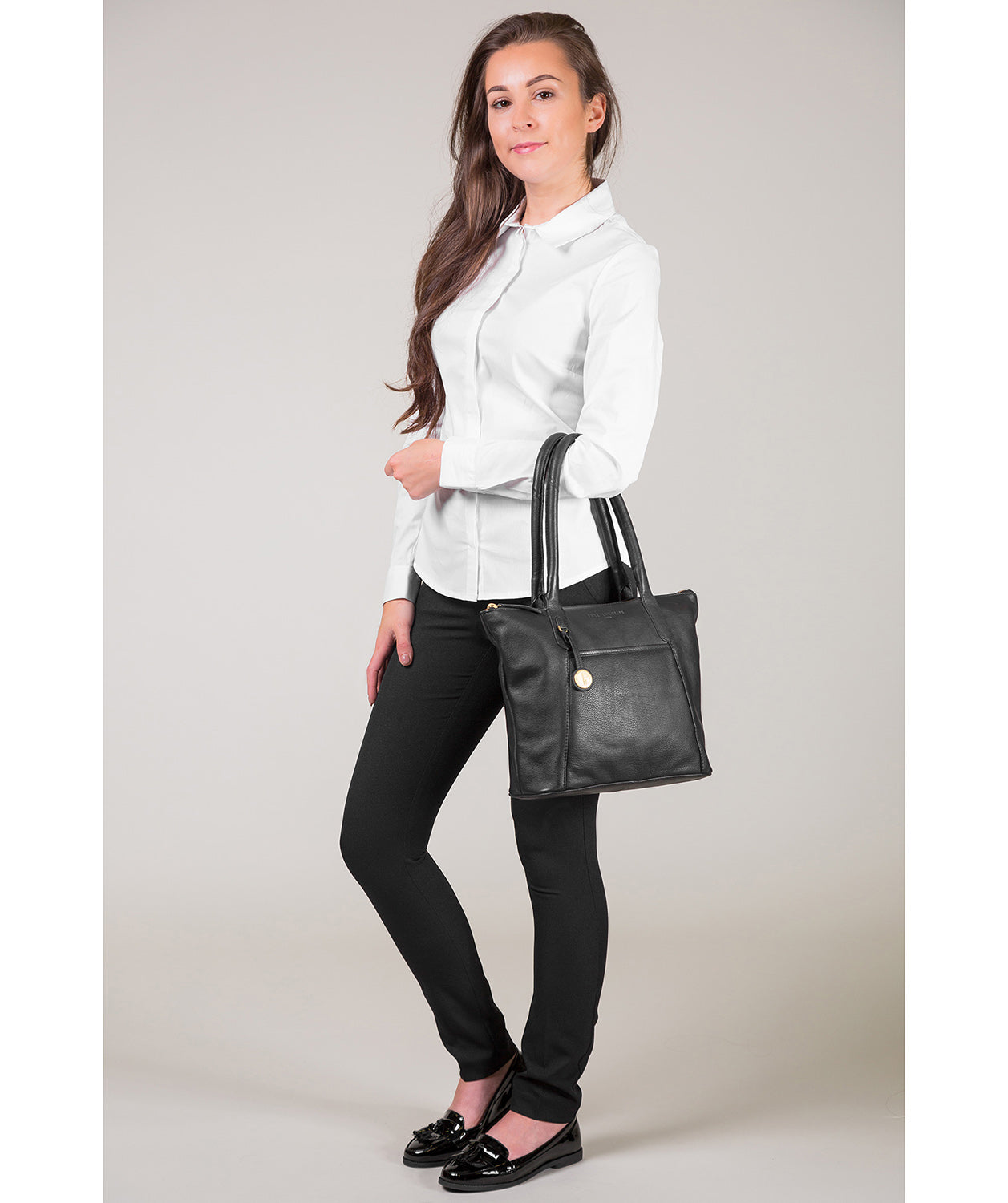 'Alnwick' Black Leather & Gold-Coloured Detail Small Tote image 2