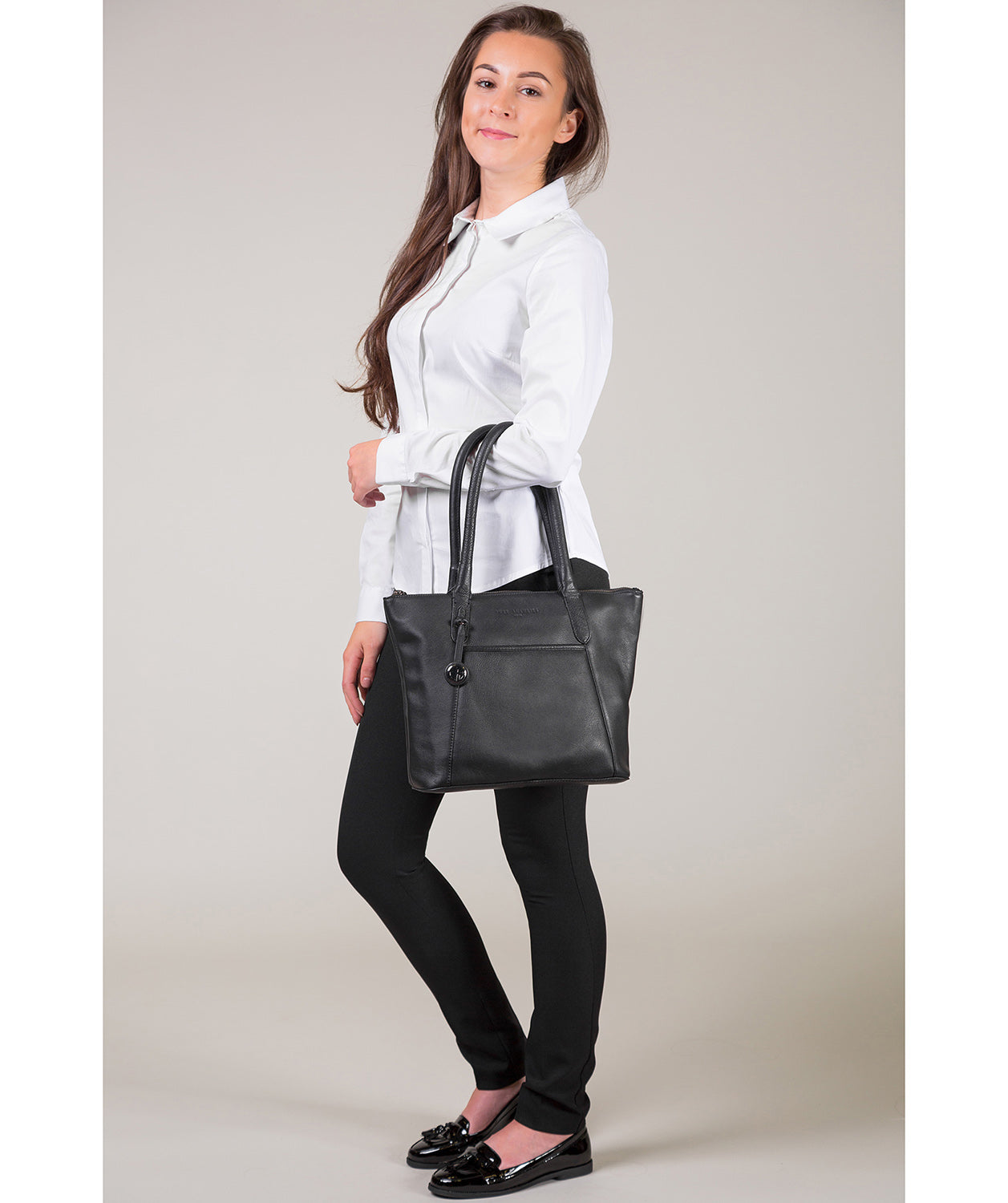 'Alnwick' Black Leather & Platinum-Coloured Detail Small Tote image 2