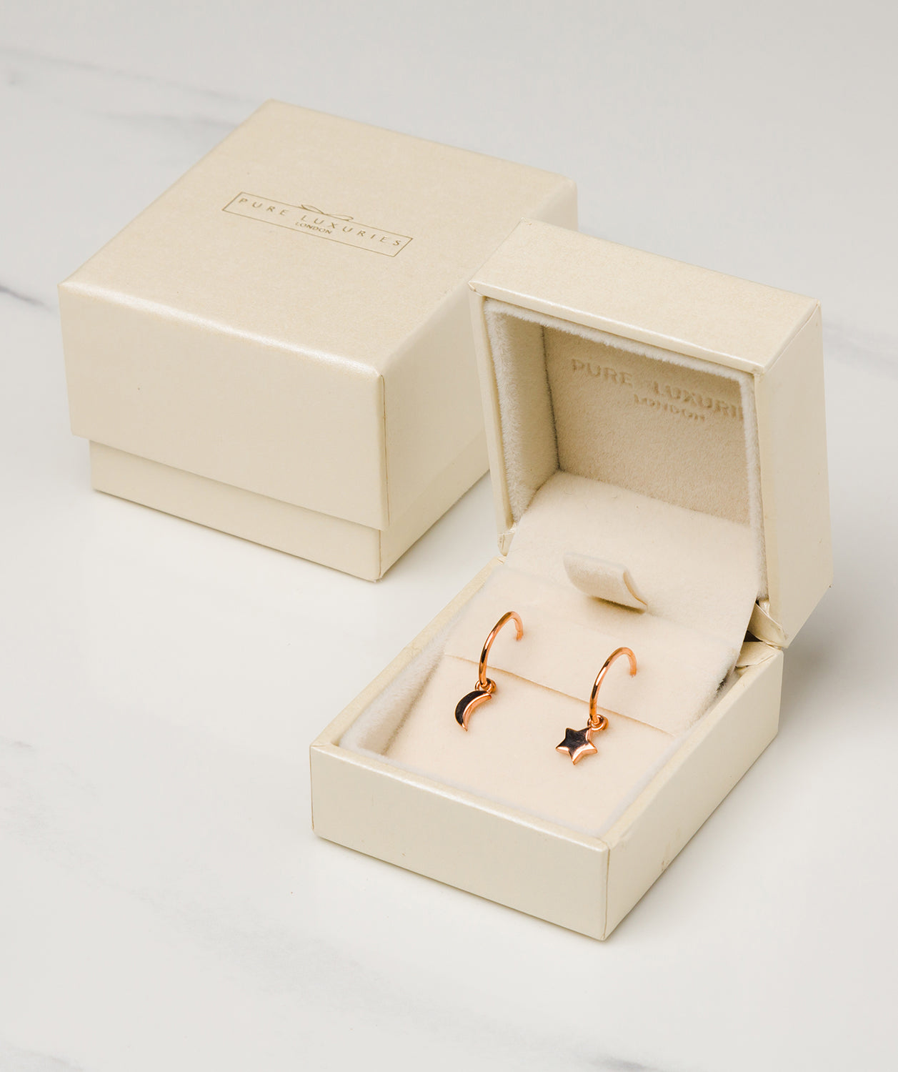 Gift Packaged 'Jacqueline' 18ct Rose Gold Plated 925 Silver Star & Moon Hoop Earrings