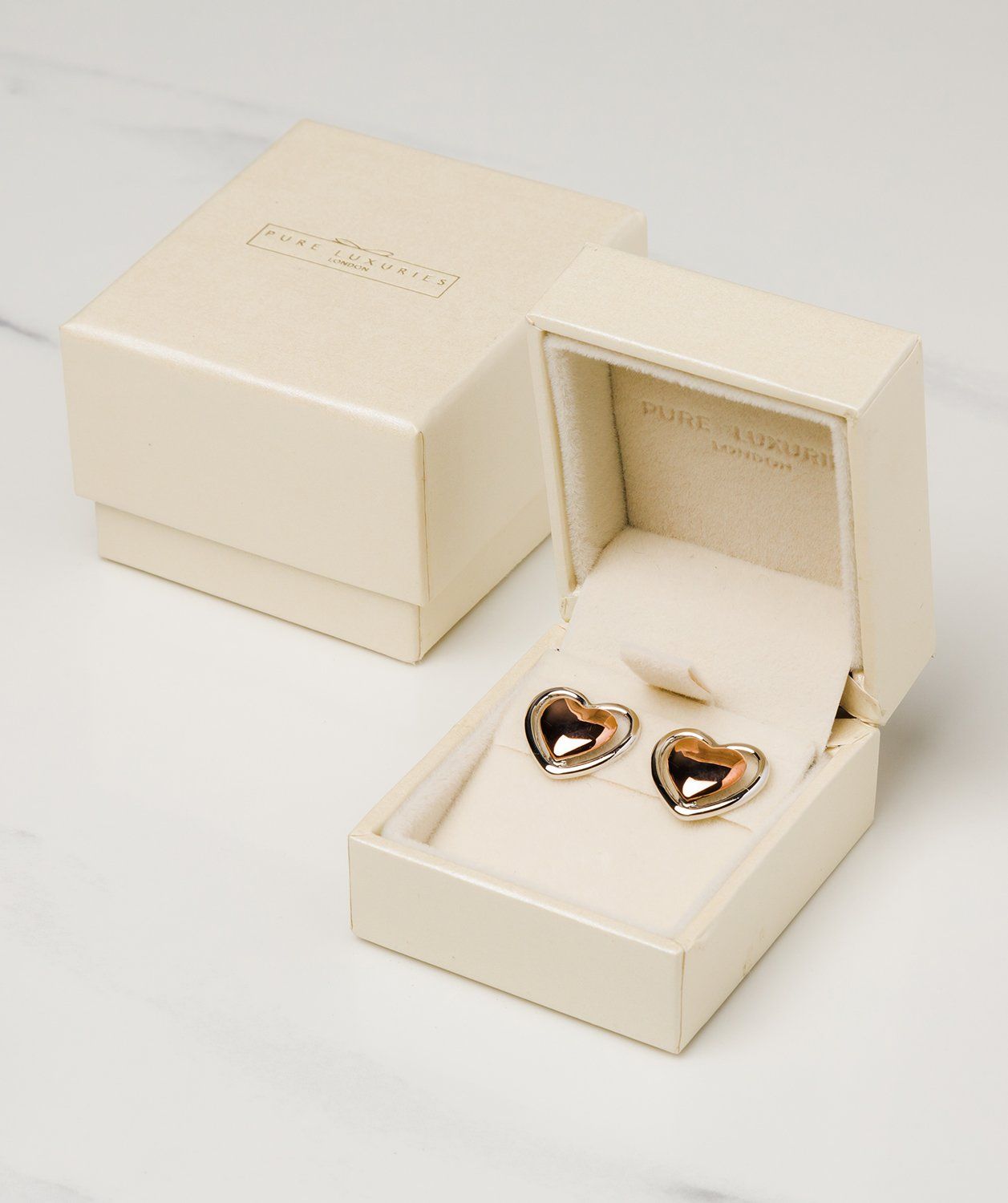 Gift Packaged 'Violette' 18ct Rose Gold & Rhodium Plated 925 Silver Heart Earrings