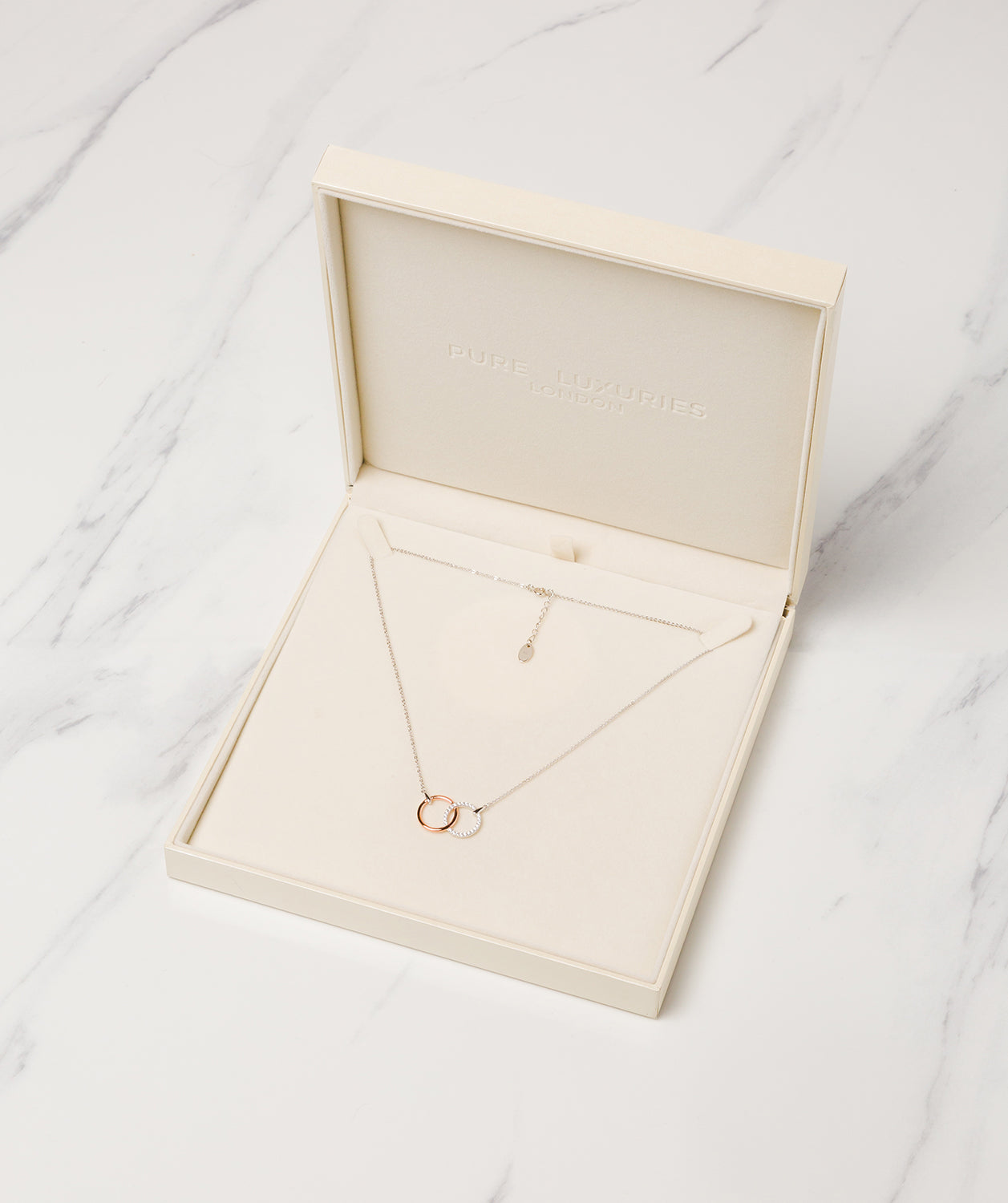 Gift Packaged 'Aleesia' Rhodium & 18ct Rose Gold Plated 925 Silver Double Circle Necklace