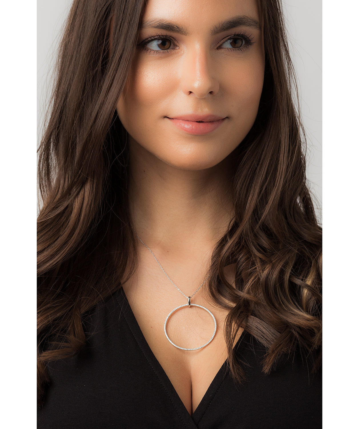 Gift Packaged 'Ollier' Rhodium Plated 925 Silver & Cubic Zirconia Large Open Circle Pendant Necklace