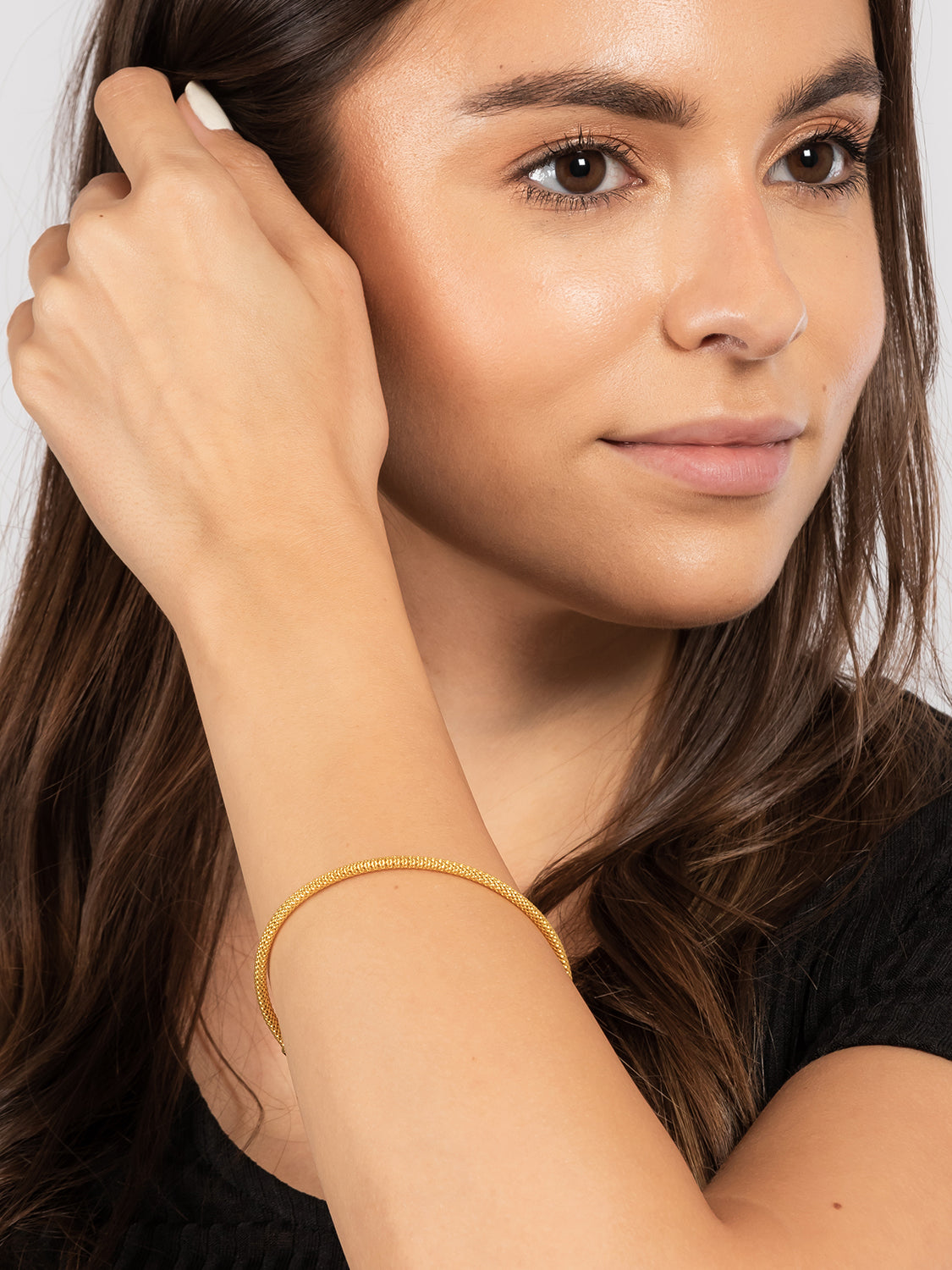 Gift Packaged 'Gretel' 18ct Yellow Gold 925 Silver & Cubic Zirconia Chainmail Bangle