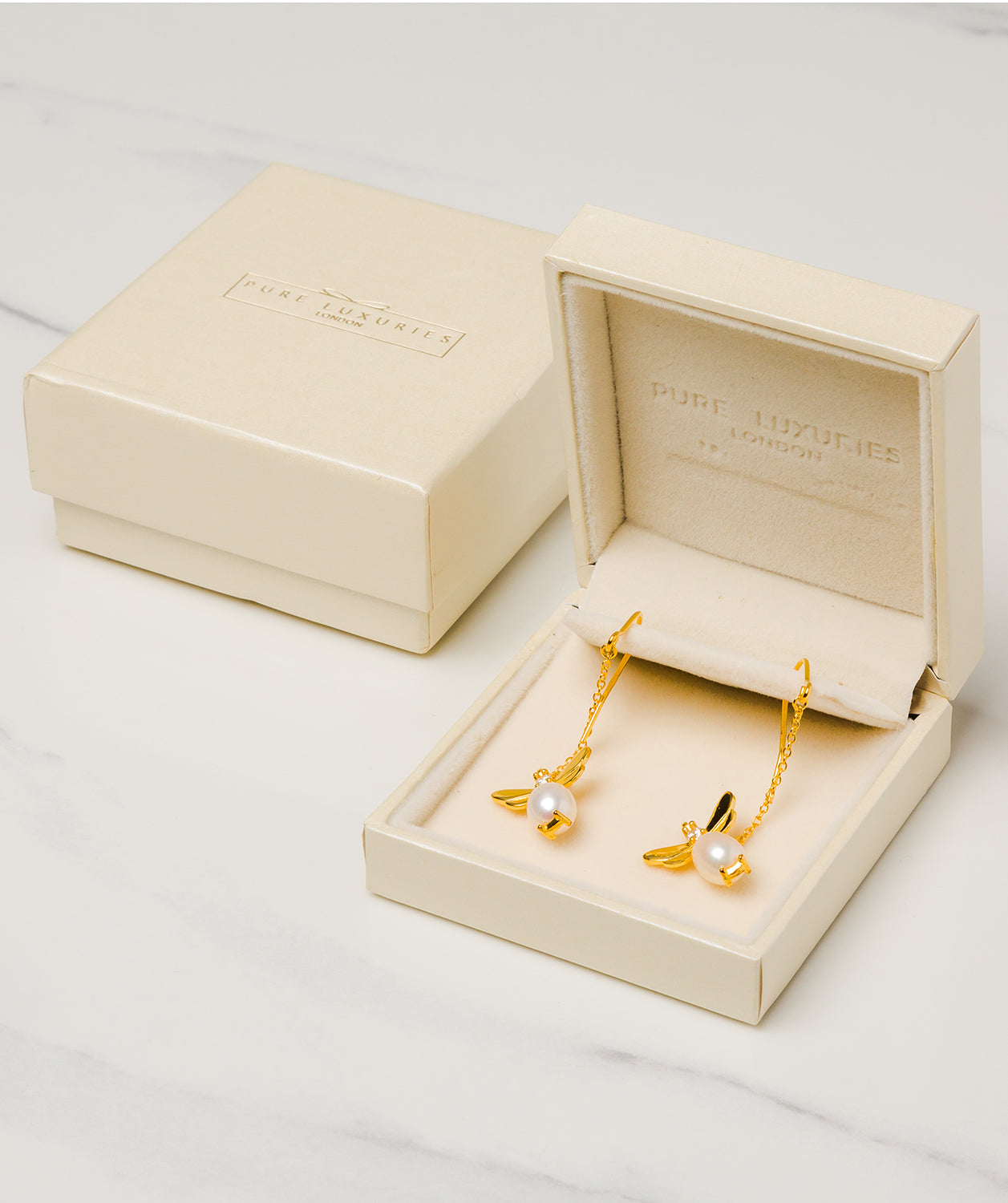 Gift Packaged 'Neith' 18ct Gold Plated Sterling Silver Pearl Bee Earrings