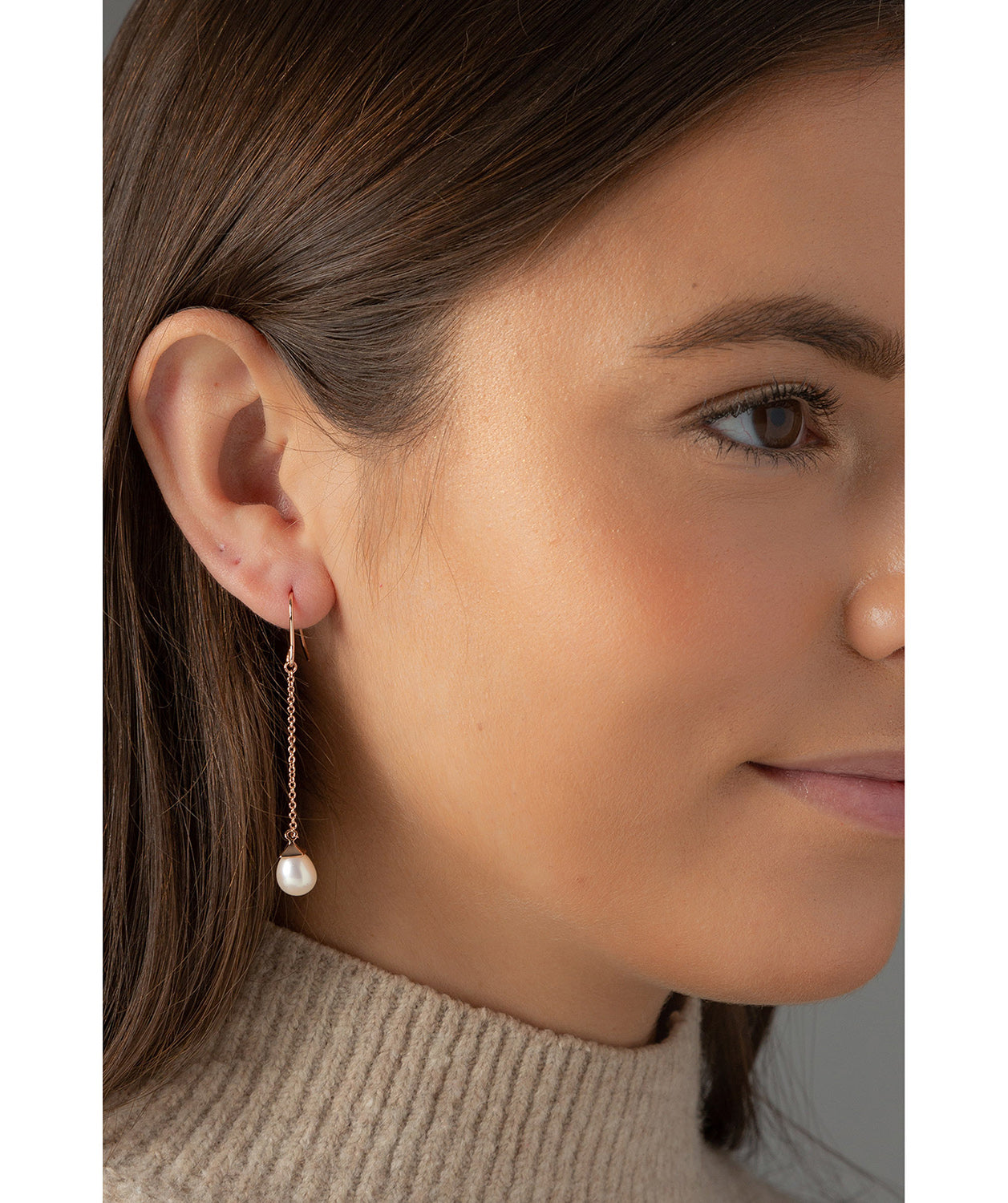 'Eleonore' Rose Gold Plated Sterling Silver Hanging Pearl Earrings image 2