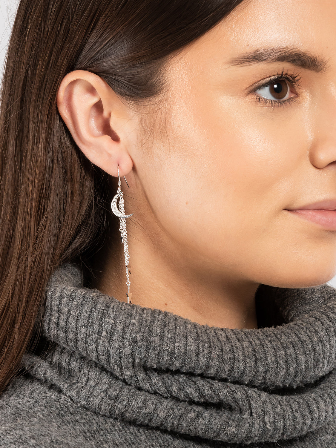 Gift Packaged 'Helaine' 925 Silver Stars & Crescent Moon Drop Earrings