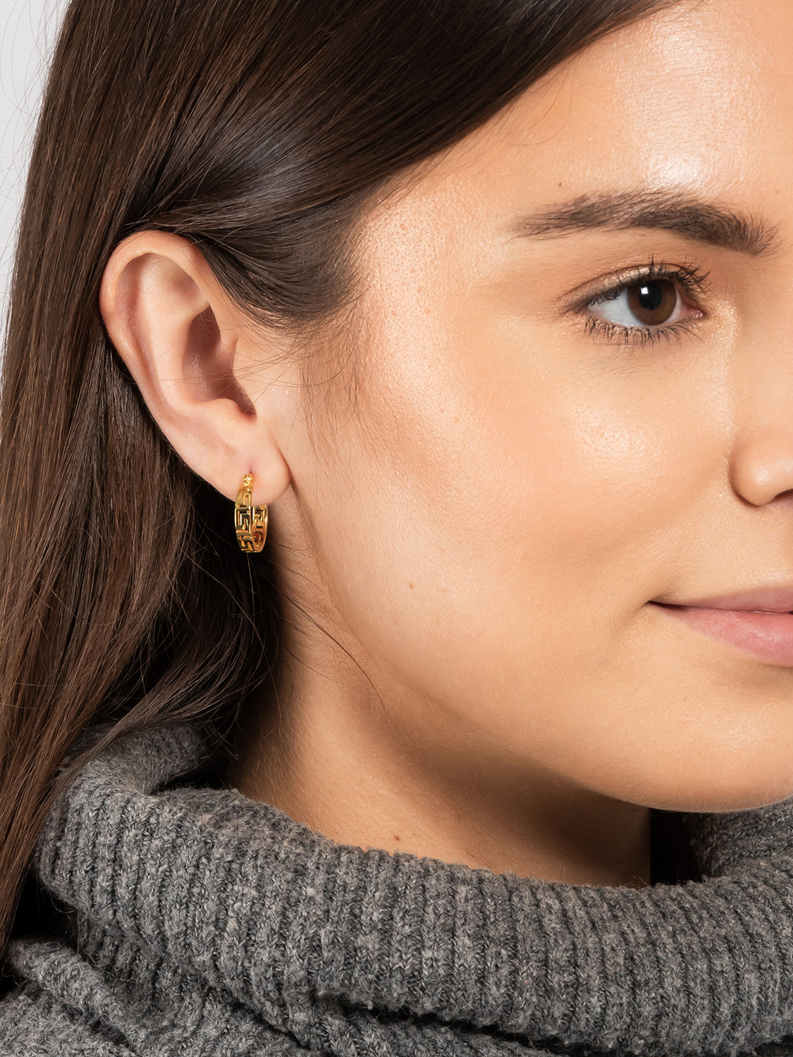 Gift Packaged 'Pheny' 18ct Yellow Gold 925 Silver Greek Key Design Hoop Earrings